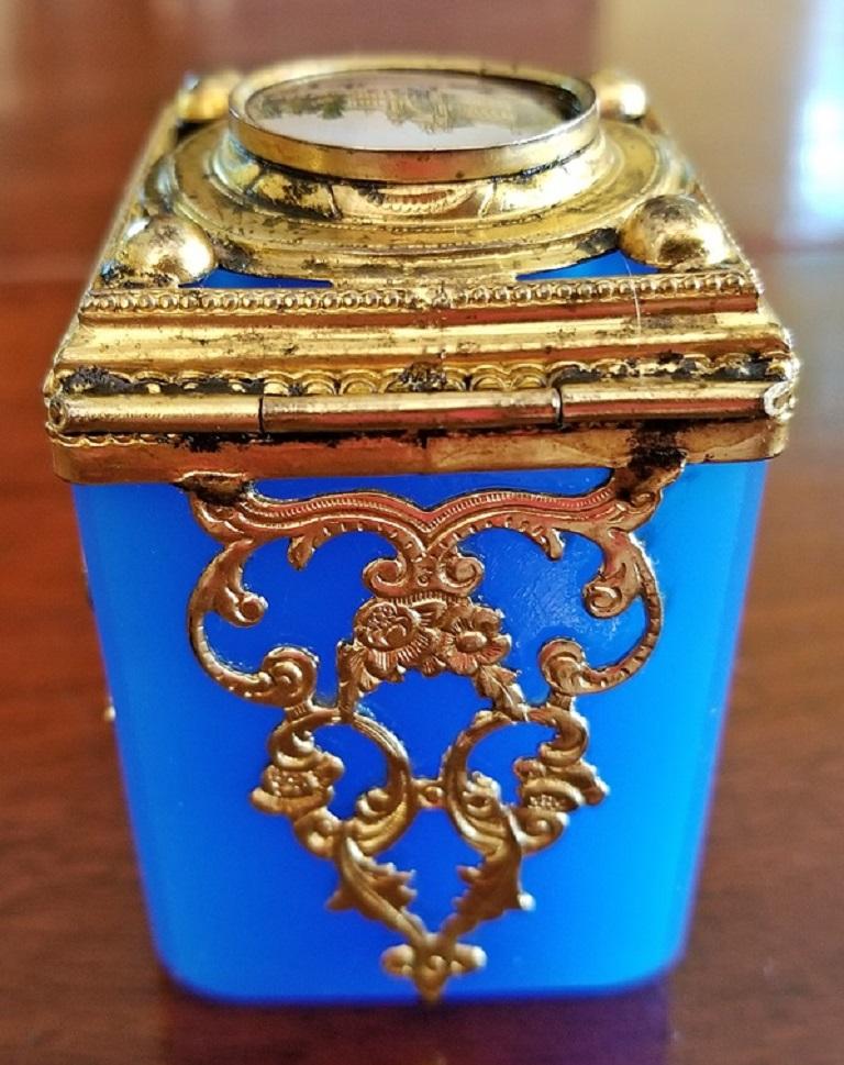 Grand Tour 19th Century Continental Turquoise Glass Box with Miniature of Palace Scene