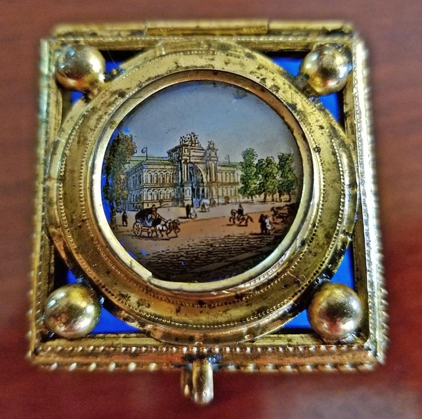 Gilt 19th Century Continental Turquoise Glass Box with Miniature of Palace Scene