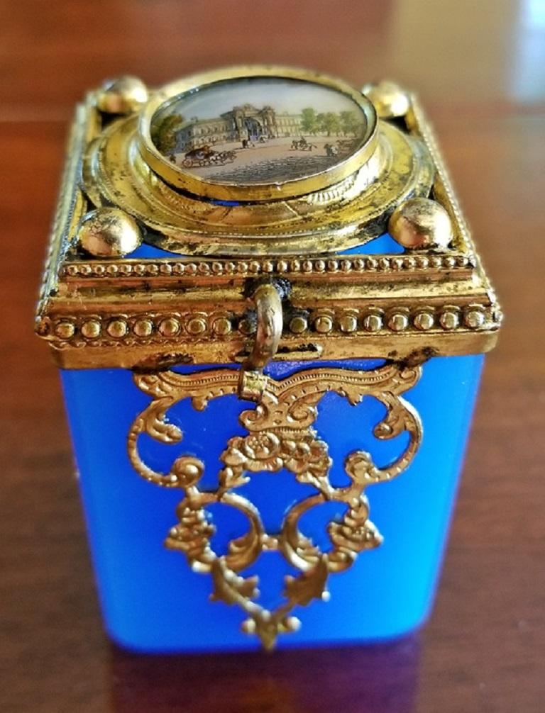 19th Century Continental Turquoise Glass Box with Miniature of Palace Scene In Good Condition In Dallas, TX