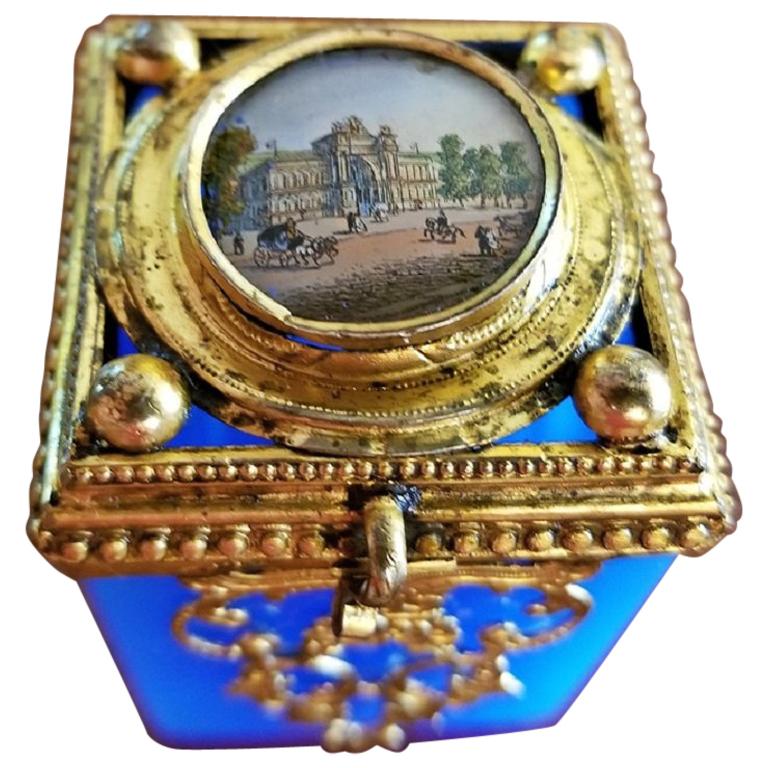 19th Century Continental Turquoise Glass Box with Miniature of Palace Scene
