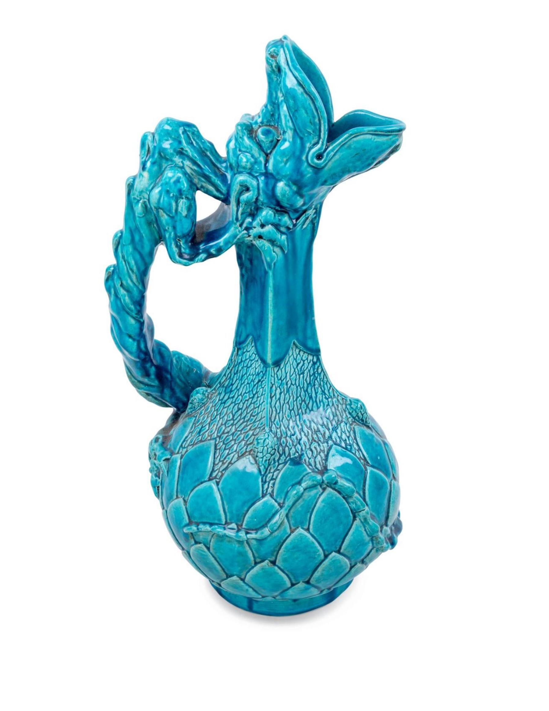 Hollywood Regency 19th Century ContinentalTurquoise Glazed Figural Ewer Attributed to Theodor Deck For Sale