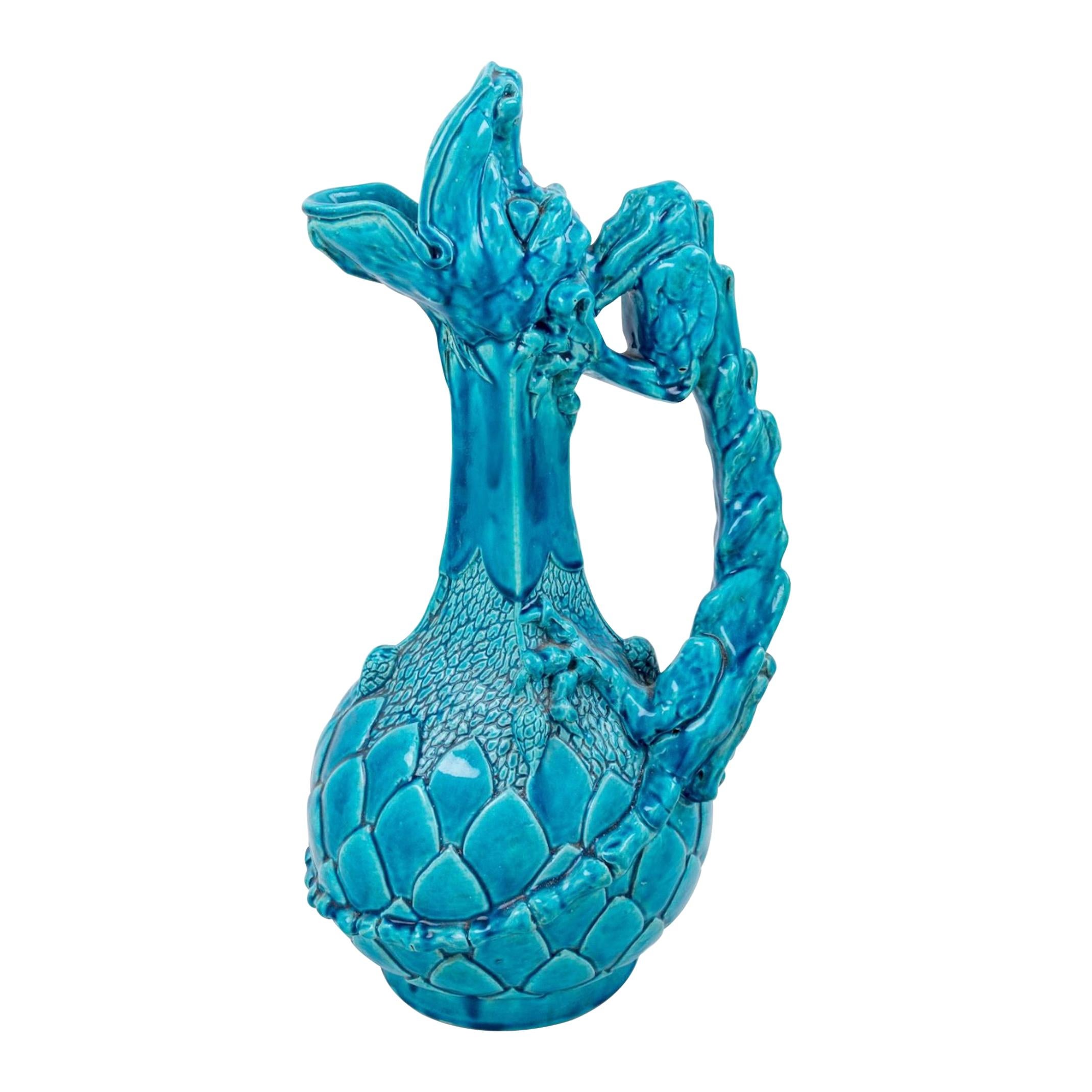 19th Century ContinentalTurquoise Glazed Figural Ewer Attributed to Theodor Deck For Sale