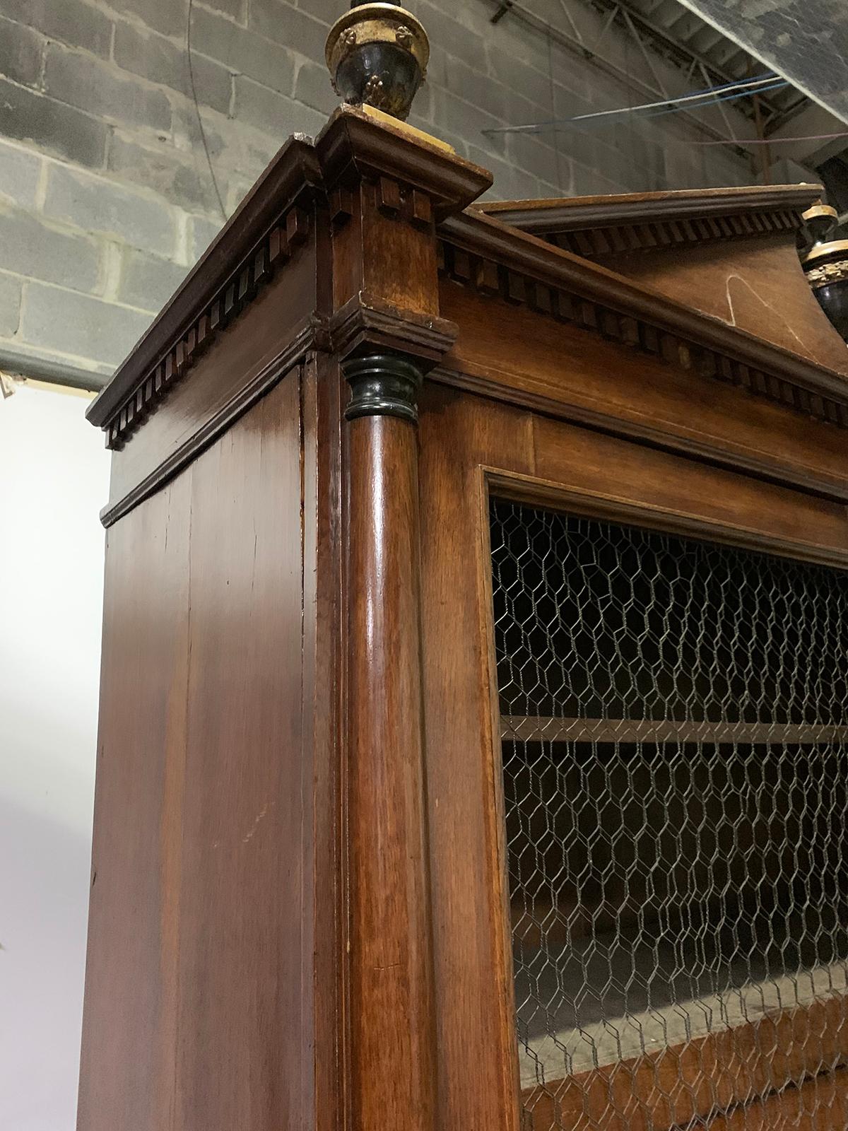 19th Century Continental Walnut Bibliotheque with Polychrome Urns, Wire Doors 7