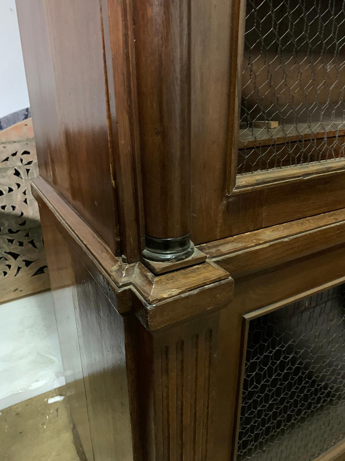 19th Century Continental Walnut Bibliotheque with Polychrome Urns, Wire Doors 8