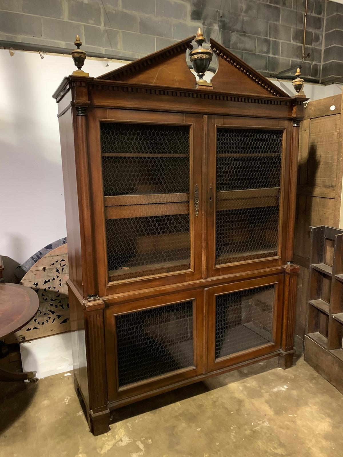 19th Century Continental Walnut Bibliotheque with Polychrome Urns, Wire Doors In Good Condition In Atlanta, GA