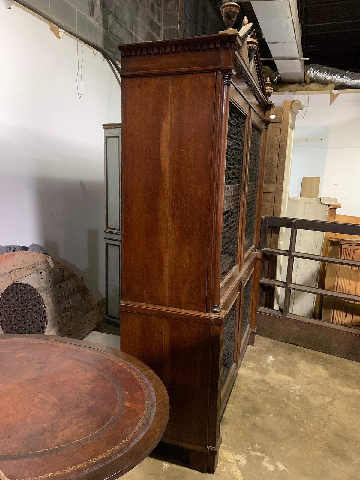 19th Century Continental Walnut Bibliotheque with Polychrome Urns, Wire Doors 1