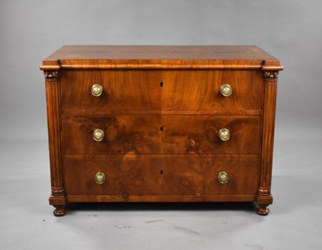 For sale is a good quality 19th century continental walnut chest of drawers, the top inlaid with white line and burr walnut panels, over three drawers, each with brass handles, flanked by walnut columns above turned feet to the front. The chest