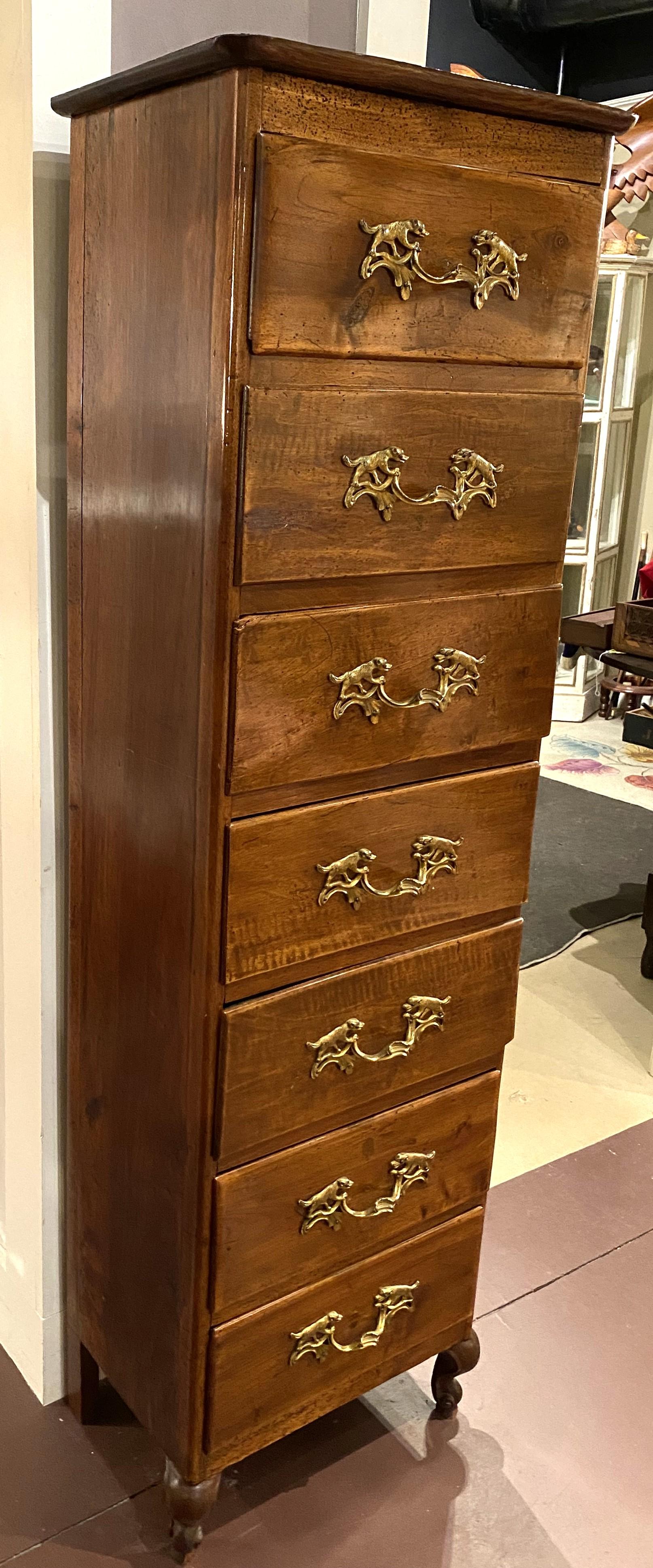 19th Century Continental Walnut Semainier with Dog Motif Drawer Pulls In Good Condition For Sale In Milford, NH