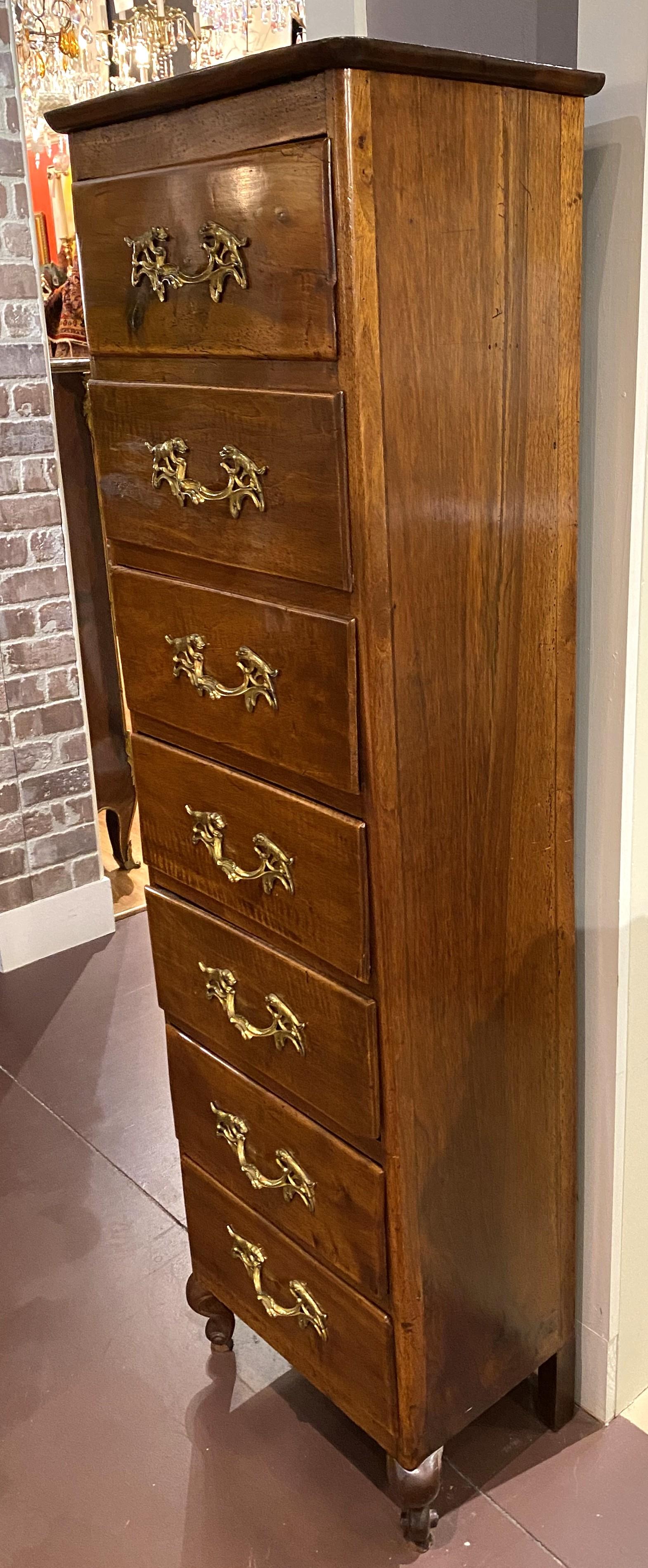Metal 19th Century Continental Walnut Semainier with Dog Motif Drawer Pulls For Sale