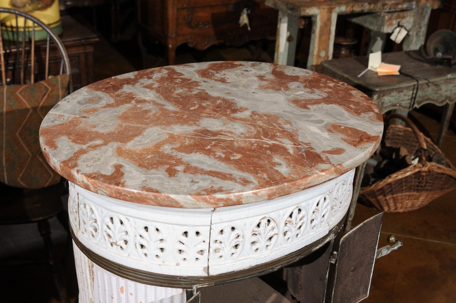 19th Century Continental White Glazed Ceramic Coal Burner with Marble Top For Sale 2