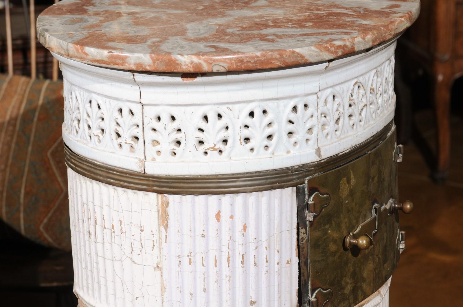 19th Century Continental White Glazed Ceramic Coal Burner with Marble Top For Sale 3