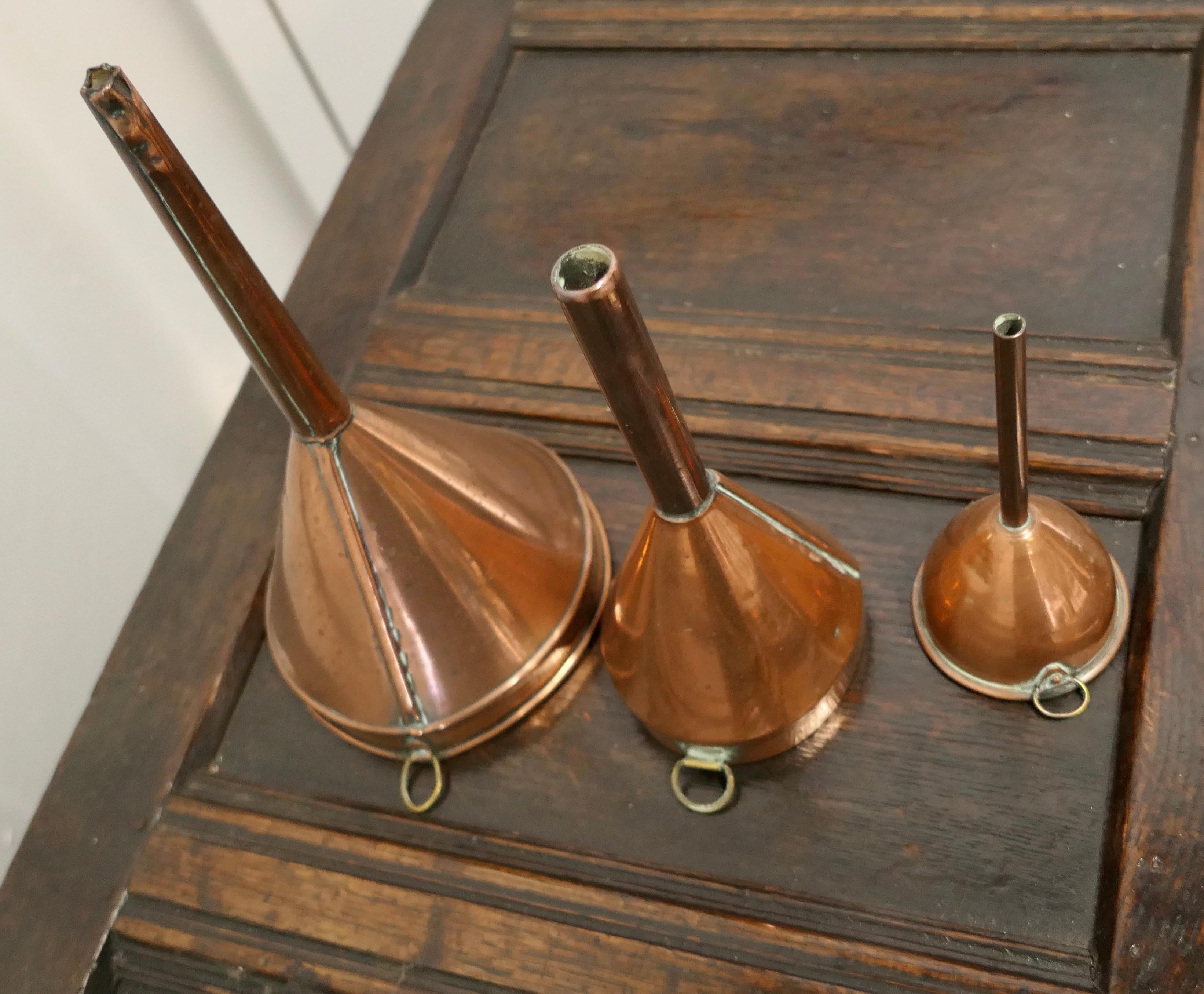 Arts and Crafts 19th Century Copper Ale and Wine Funnel Set A Good Trio the Ale and Wine Funnel For Sale