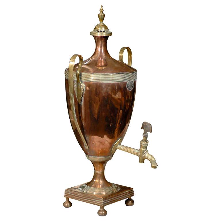 19th Century Copper and Brass Hot Water Urn, Wooden Turn