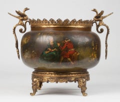 19th Century Copper and Bronze Planter with Vernis Martin Romantic Scene