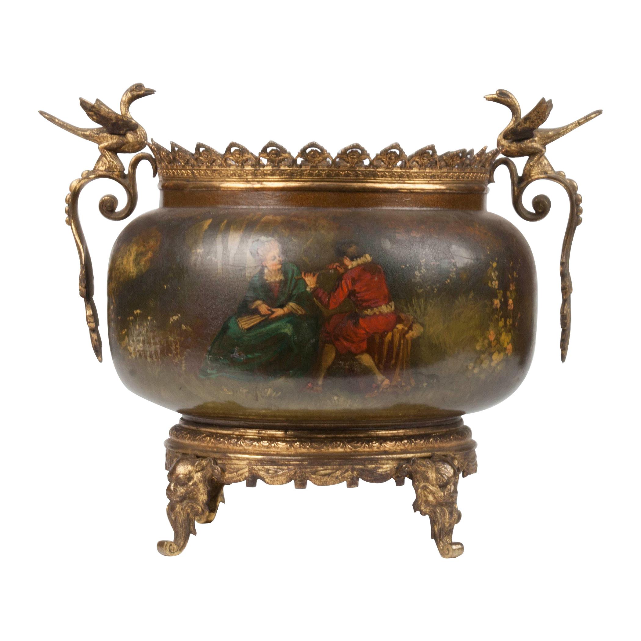 19th Century Copper and Bronze Planter with Vernis Martin Romantic Scene