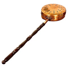 19th-Century Copper Bed Warmer with Pierced Lid and Long Turned Wood Handle