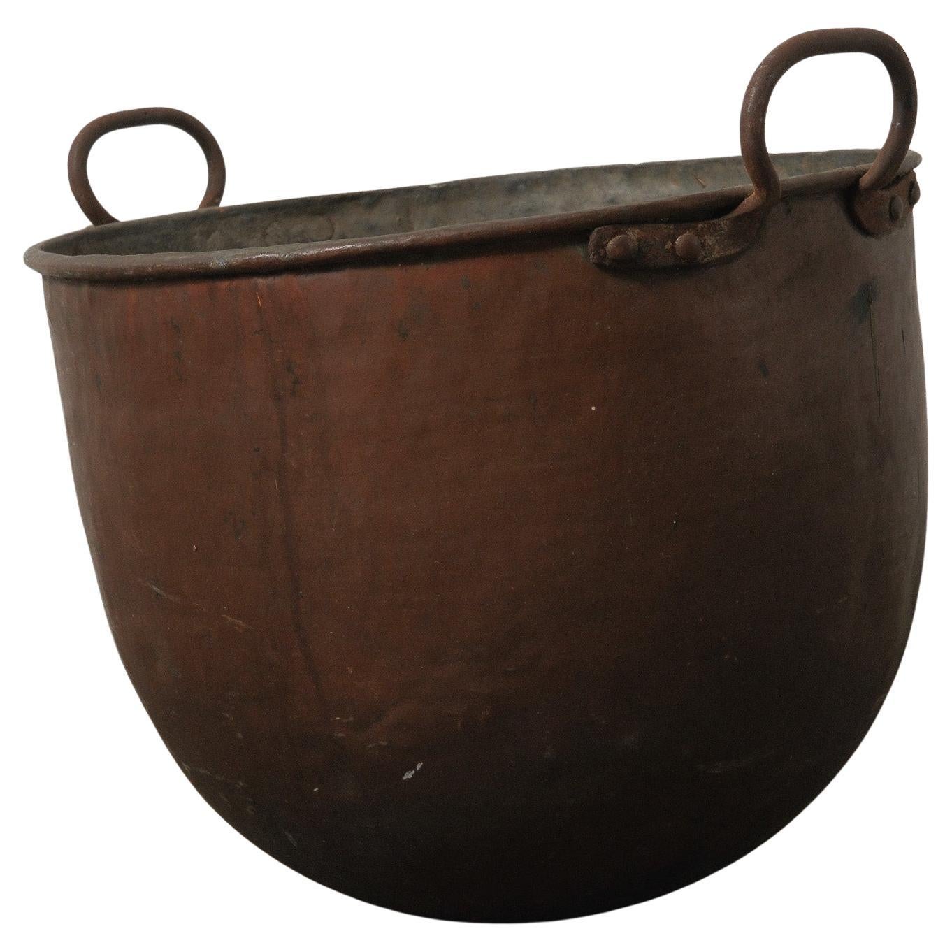 19th Century Copper Cauldron with Riveted Loop Handles