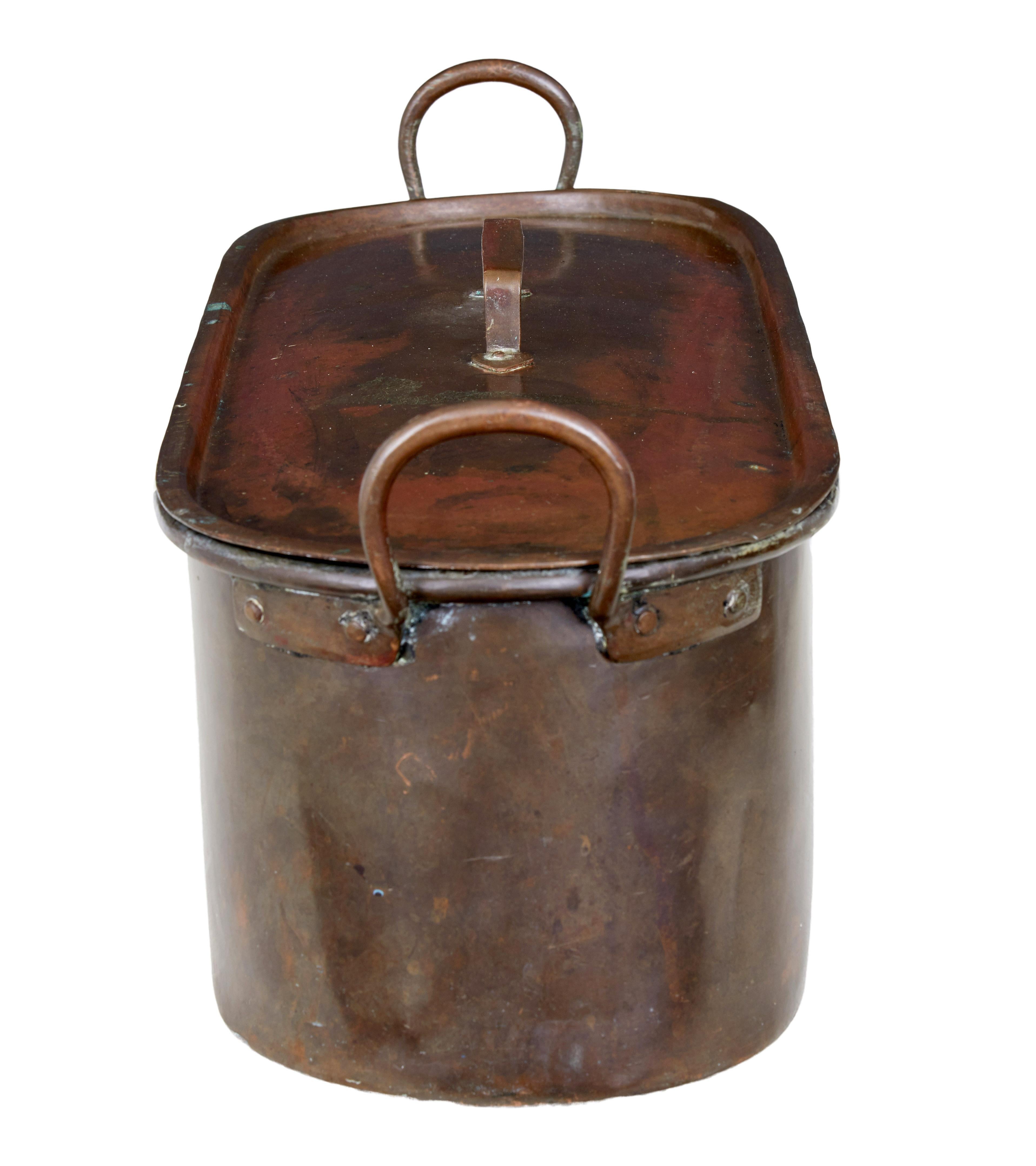 Late 19th century copper fish kettle circa 1880.

Substantial large Victorian fish kettle, complete with original lid which still sits reasonable flush. Looped handles to each end and handle to lid. We are presenting this kettle in its original