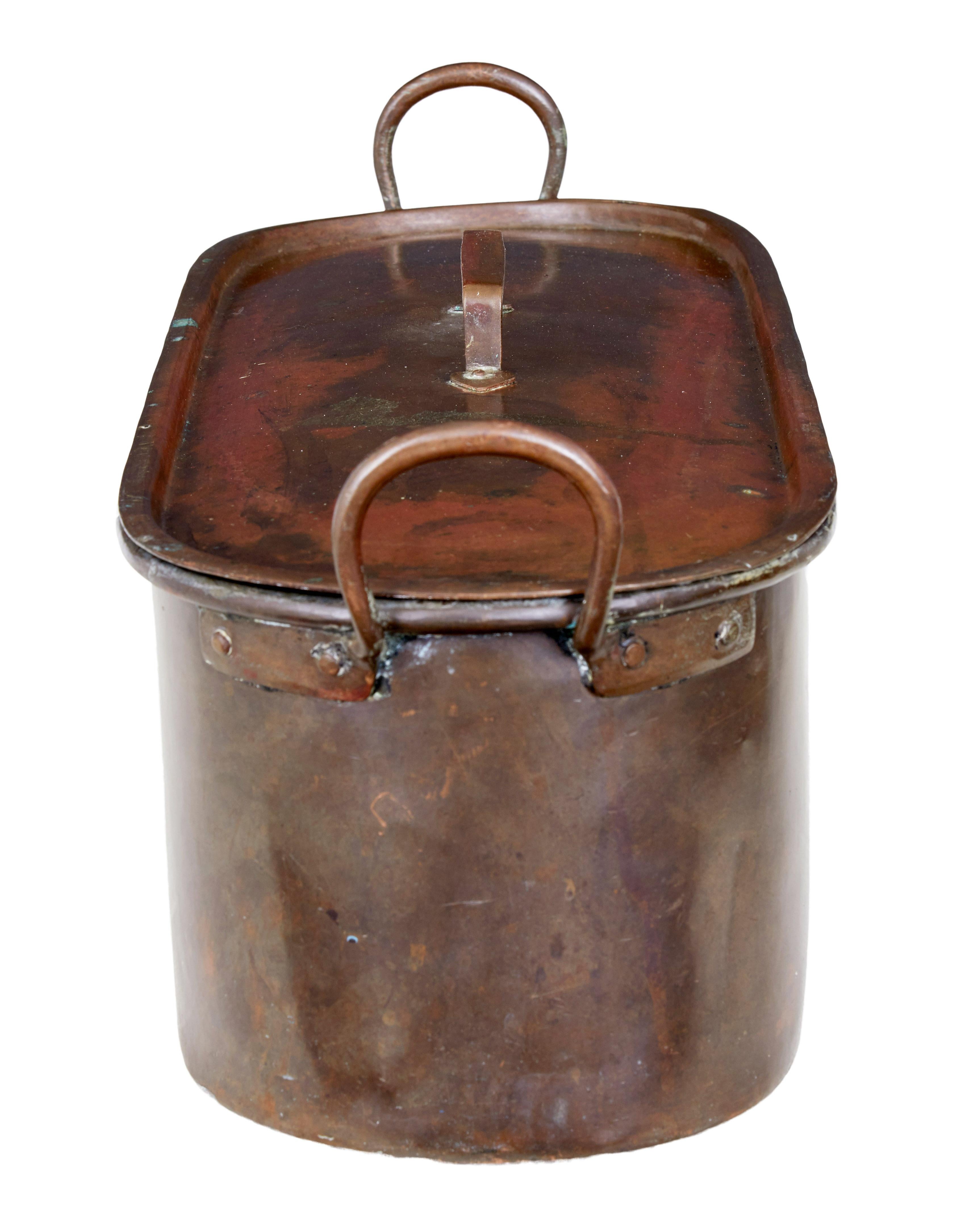 Late 19th century copper fish kettle, circa 1880.

Substantial large Victorian fish kettle, complete with original lid which still sits reasonable flush. Looped handles to each end and handle to lid. We are presenting this kettle in its original