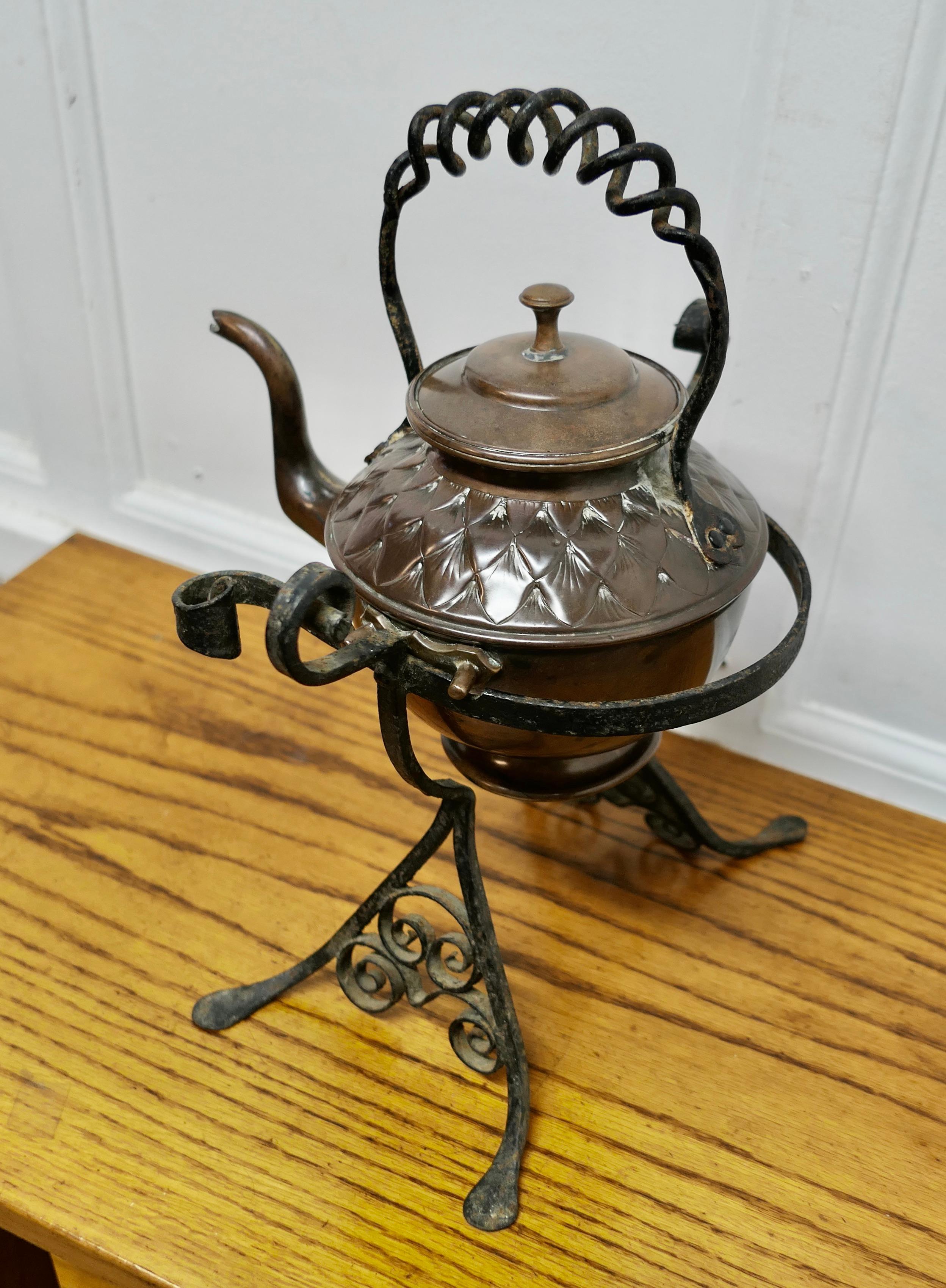 Arts and Crafts 19th Century Copper Kettle on a Wrought Iron Stand      For Sale