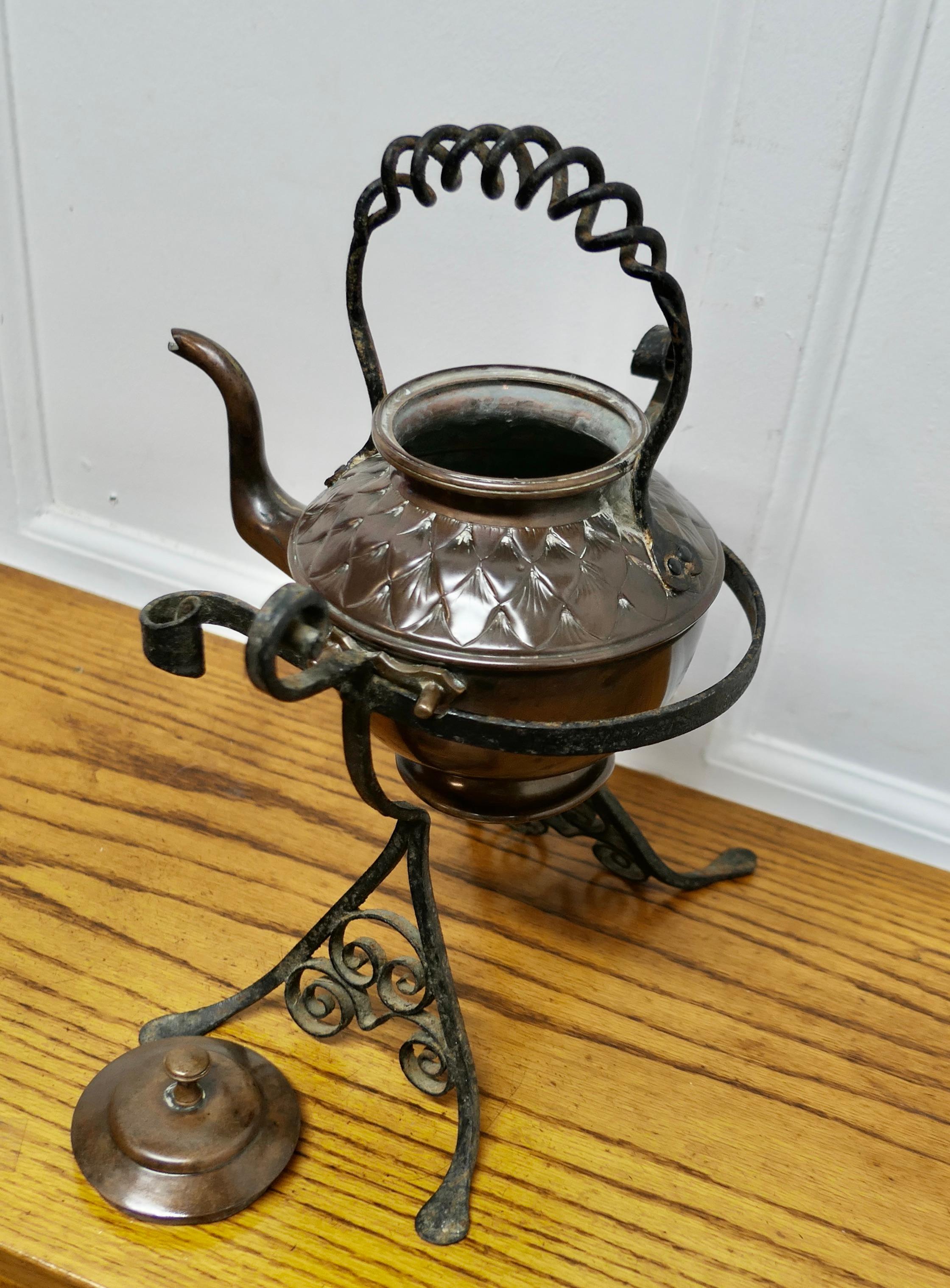 19th Century Copper Kettle on a Wrought Iron Stand      In Good Condition For Sale In Chillerton, Isle of Wight