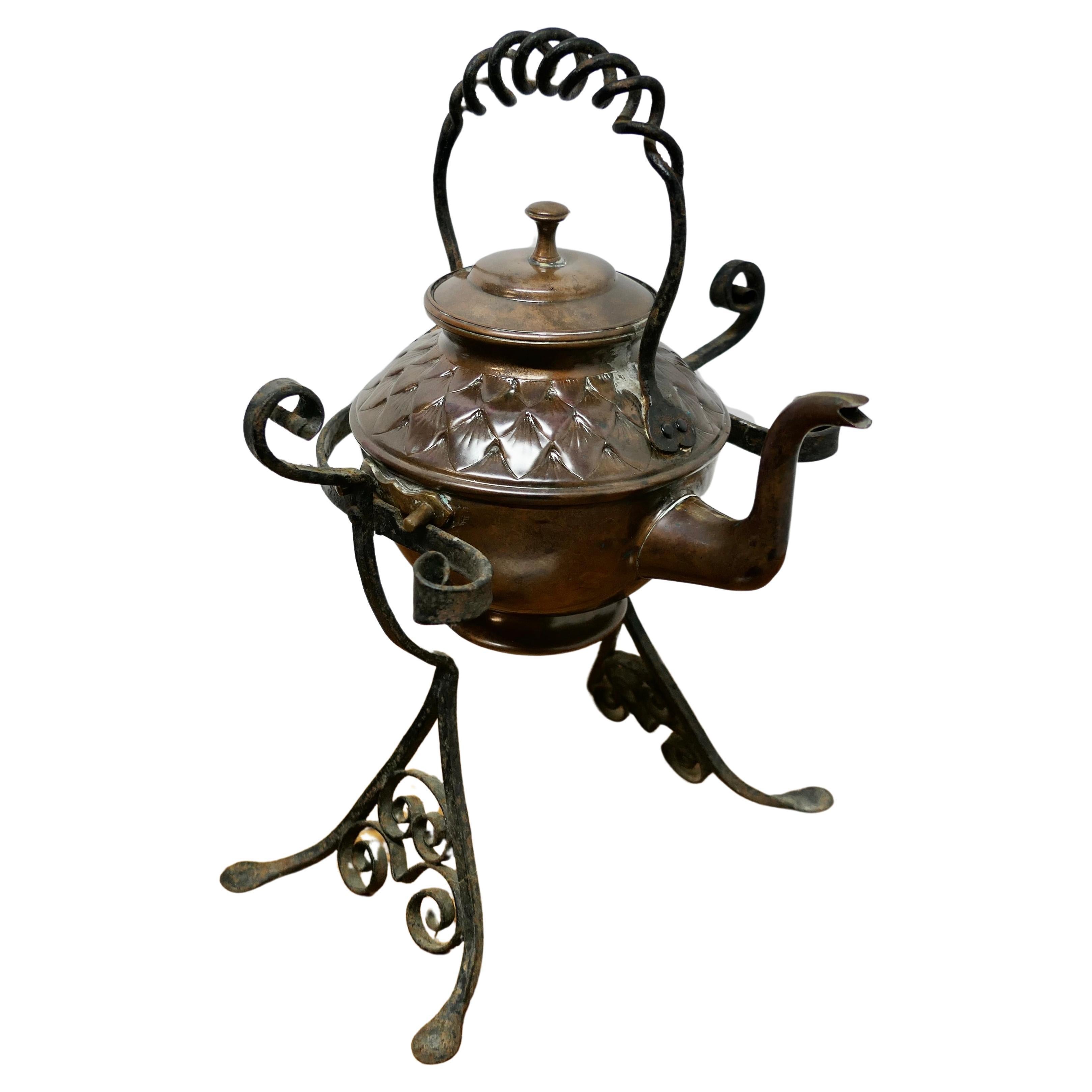 19th Century Copper Kettle on a Wrought Iron Stand      For Sale