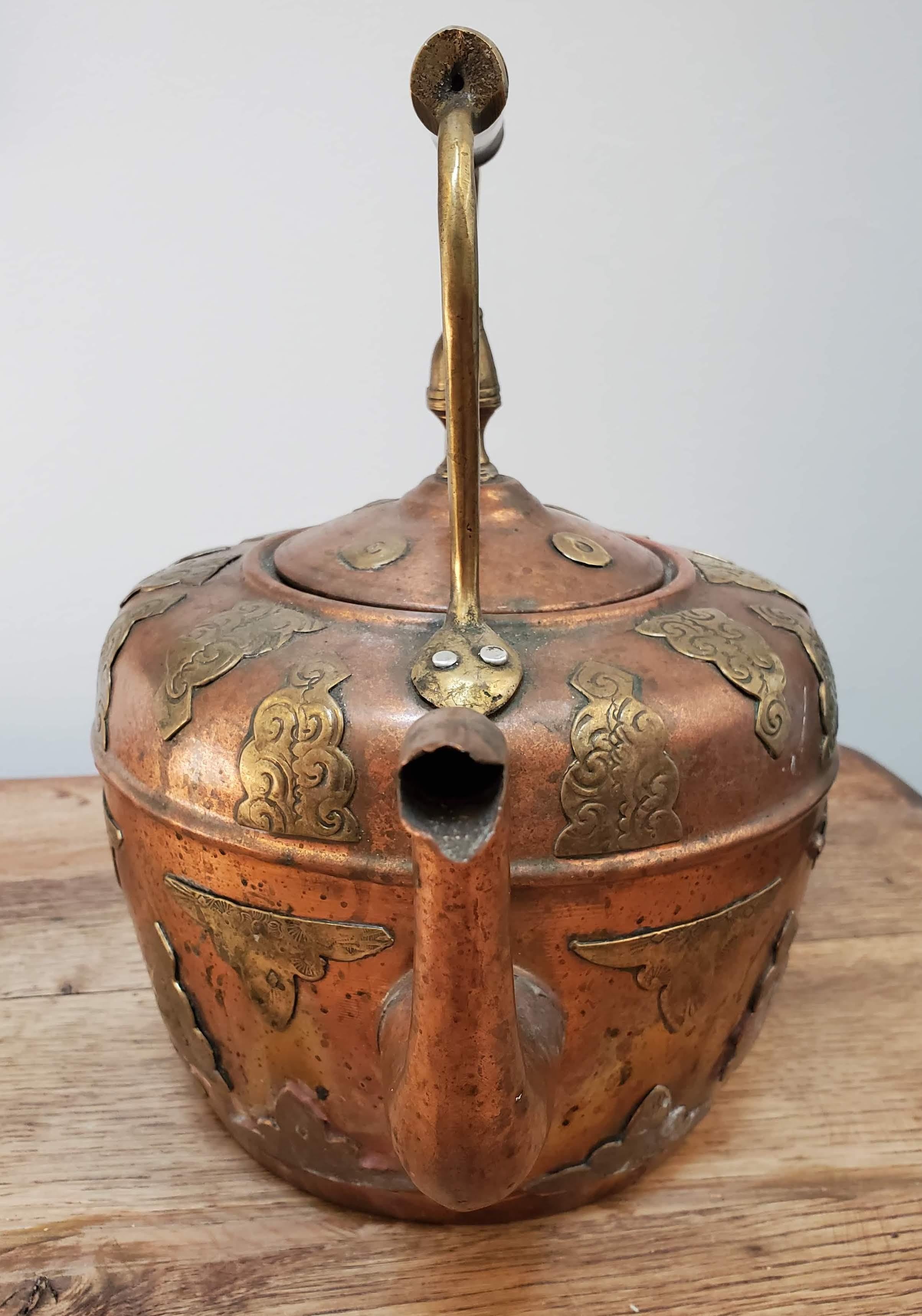 Indian Mid 19th Century English Form Copper Kettle with Brass Floral Decoration