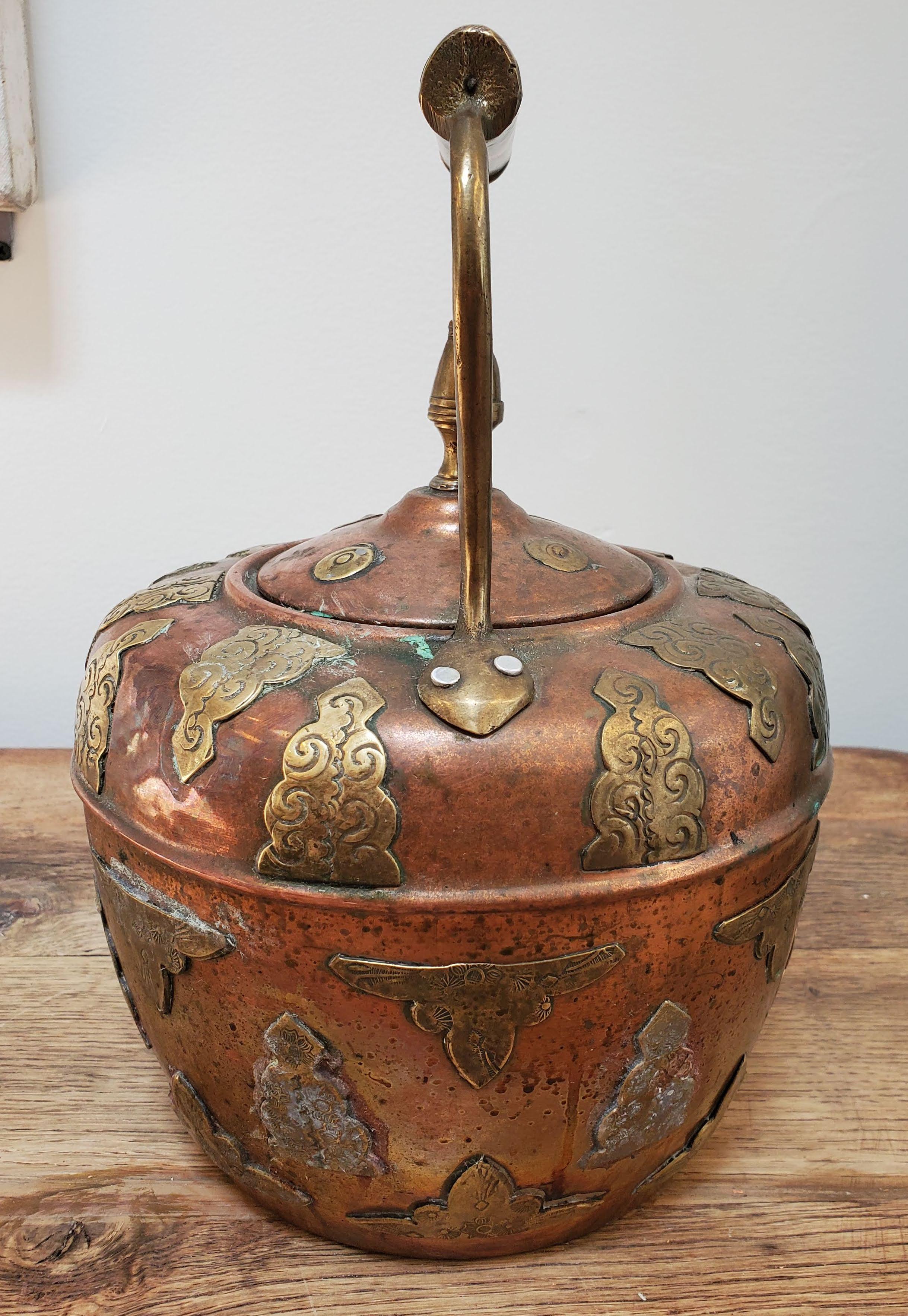 Mid 19th Century English Form Copper Kettle with Brass Floral Decoration 1