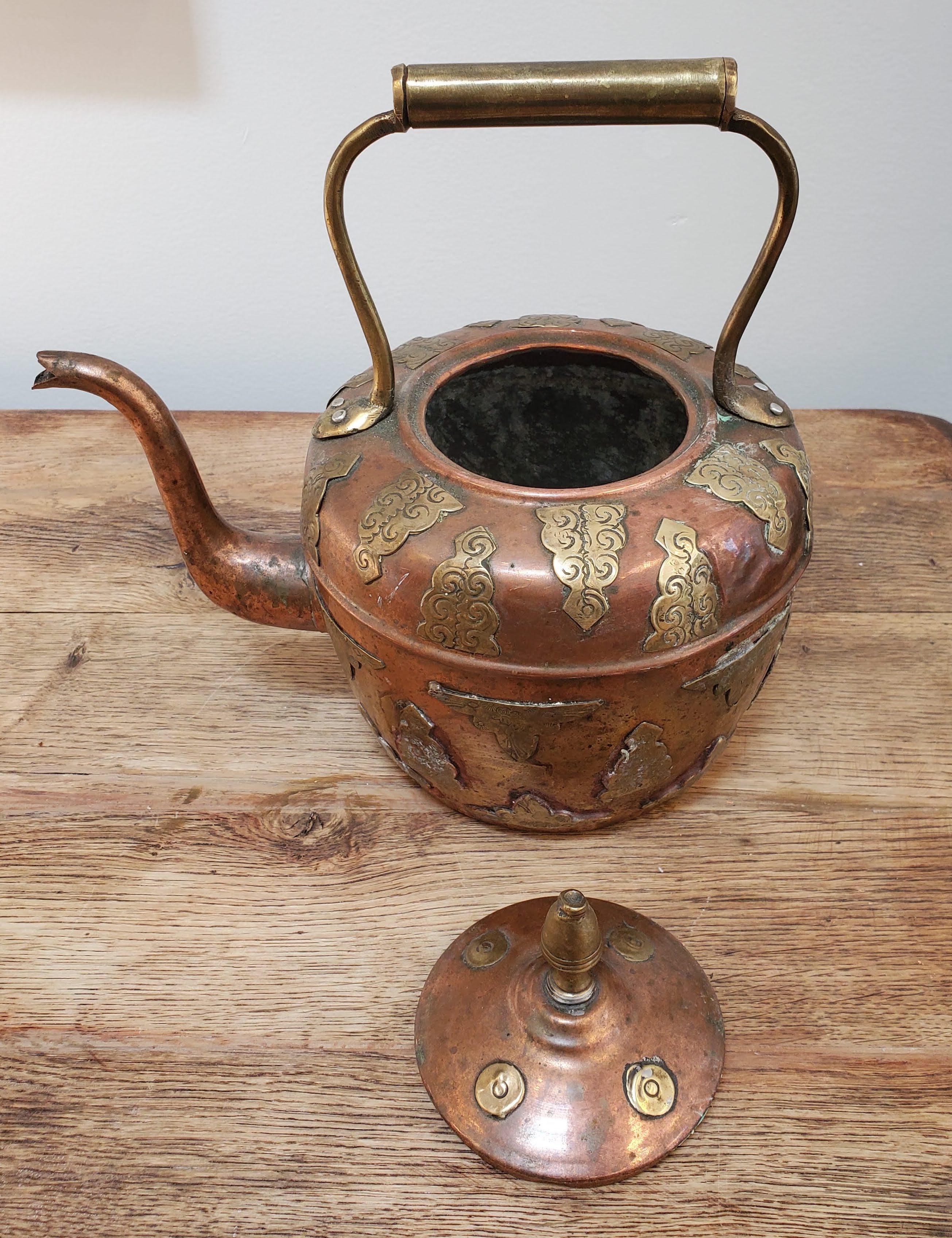 Mid 19th Century English Form Copper Kettle with Brass Floral Decoration 2