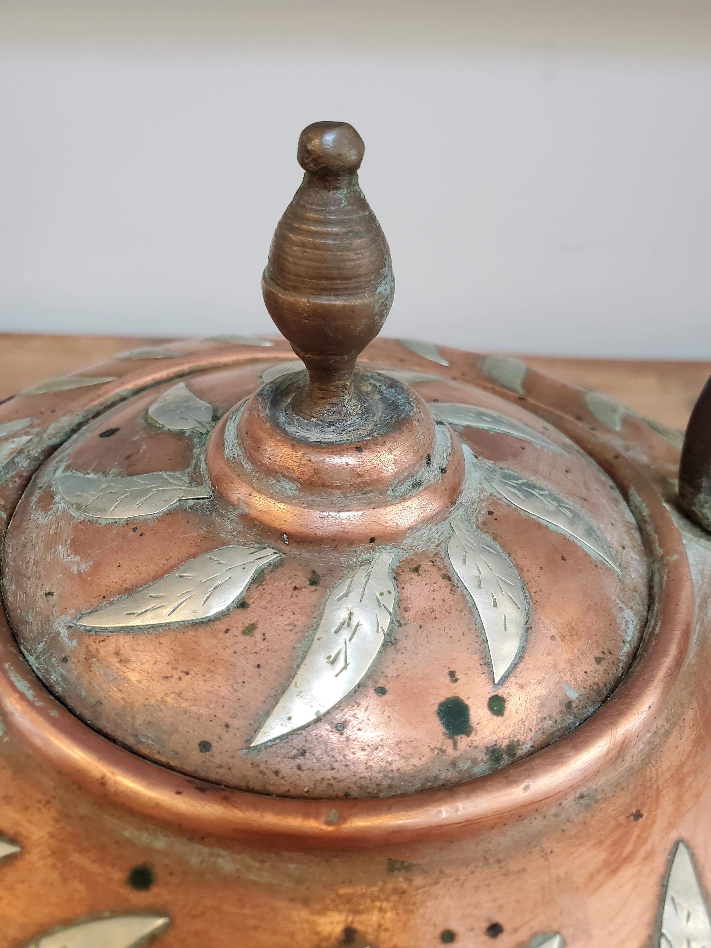 19th Century Copper Kettle with Brass & Silver Floral Decoration 5