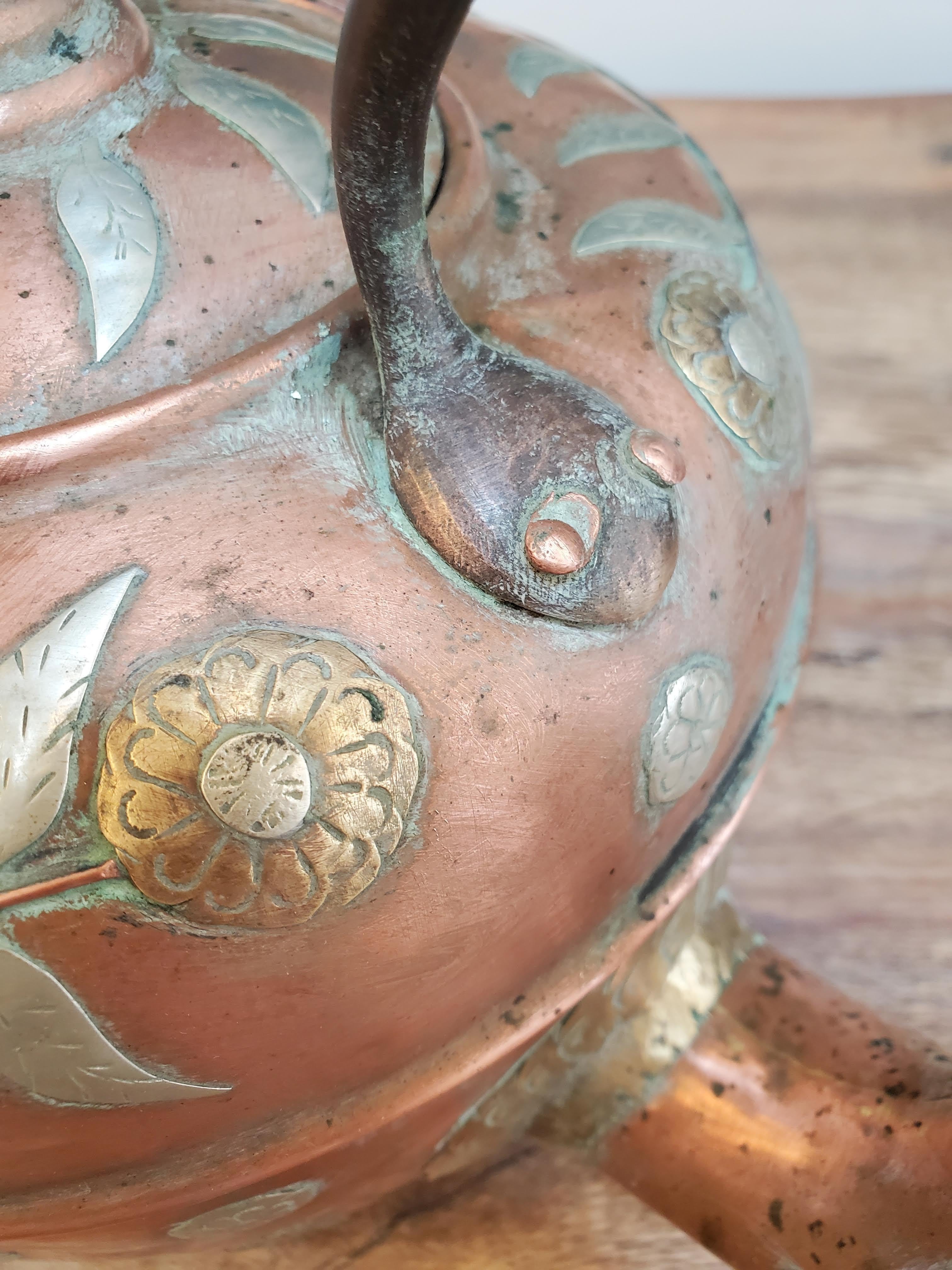19th Century Copper Kettle with Brass & Silver Floral Decoration 6