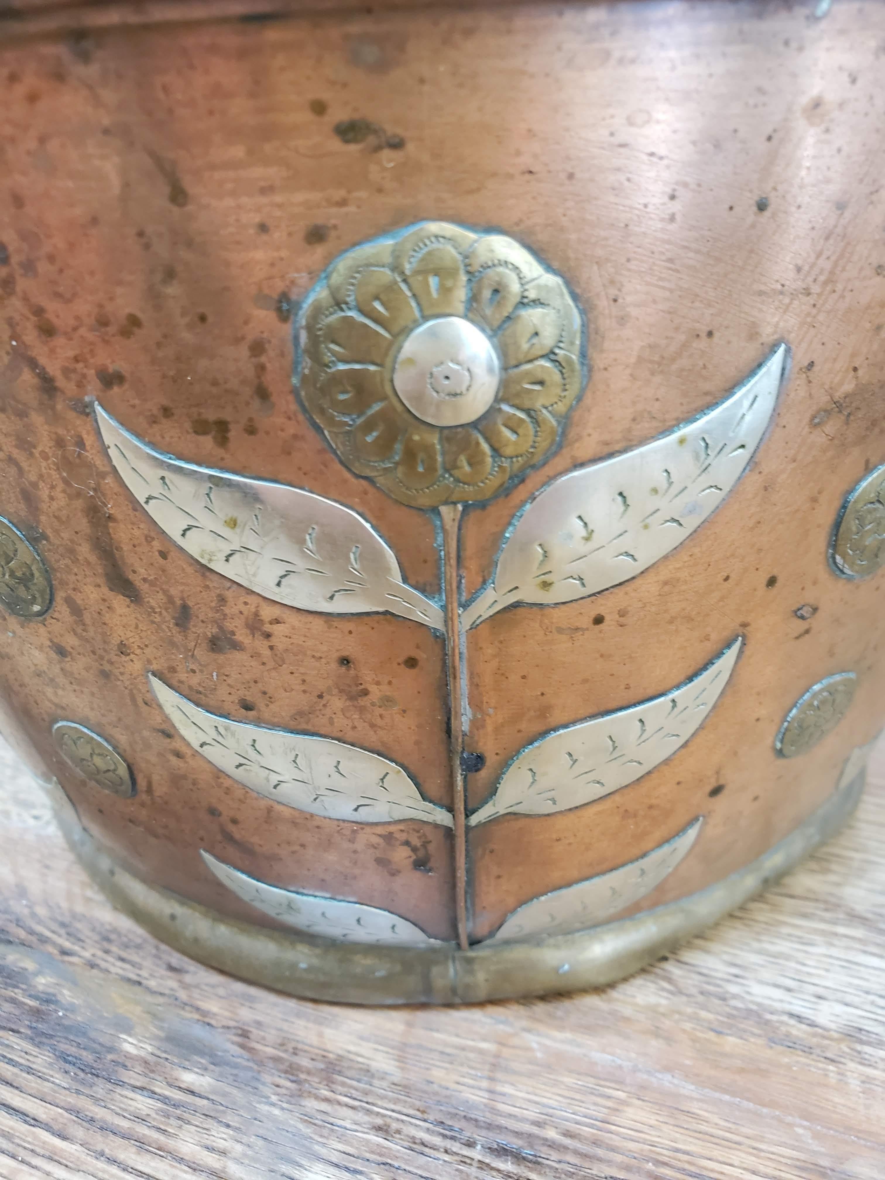 19th Century Copper Kettle with Brass & Silver Floral Decoration 7