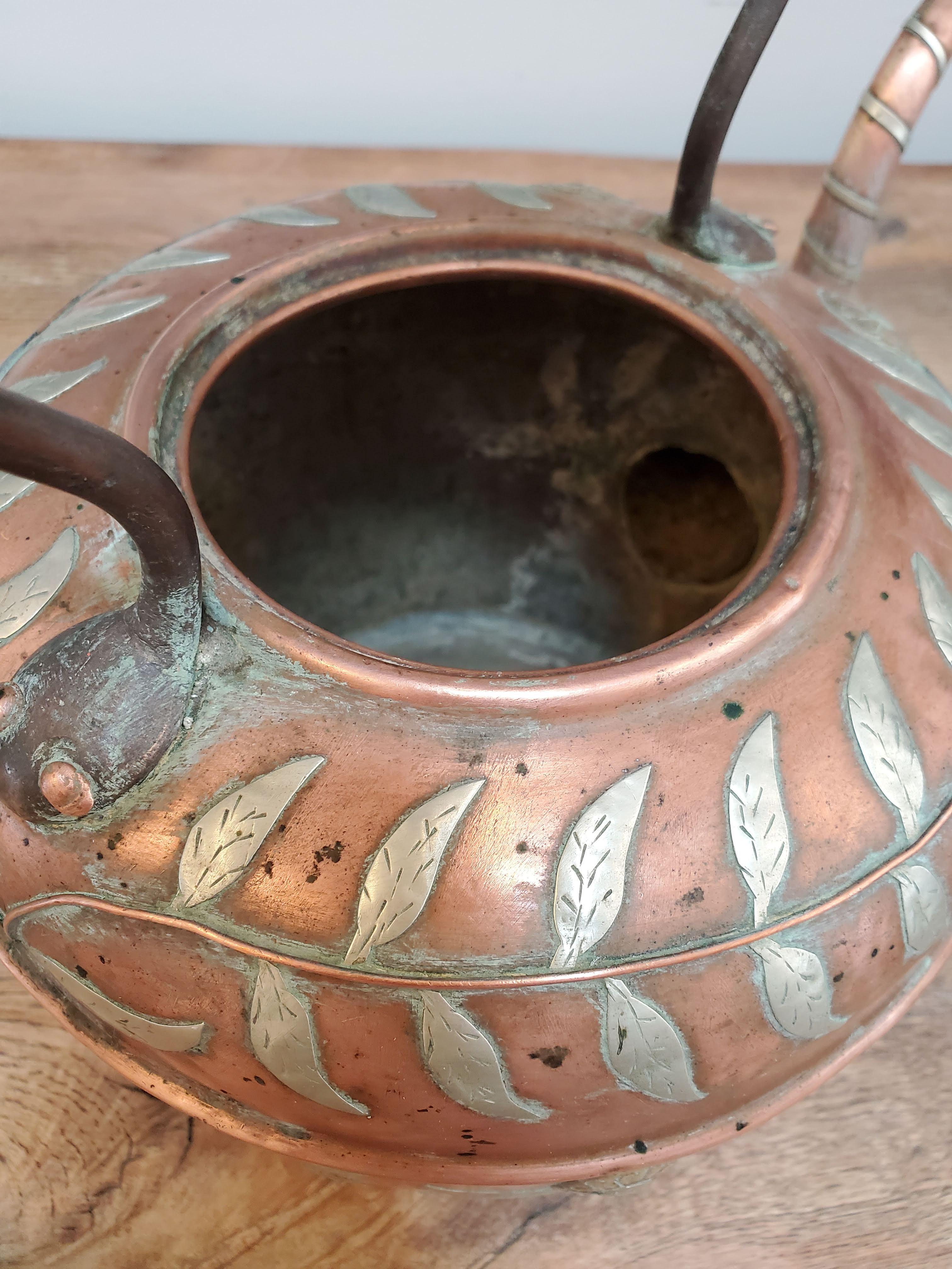 19th Century Copper Kettle with Brass & Silver Floral Decoration 7