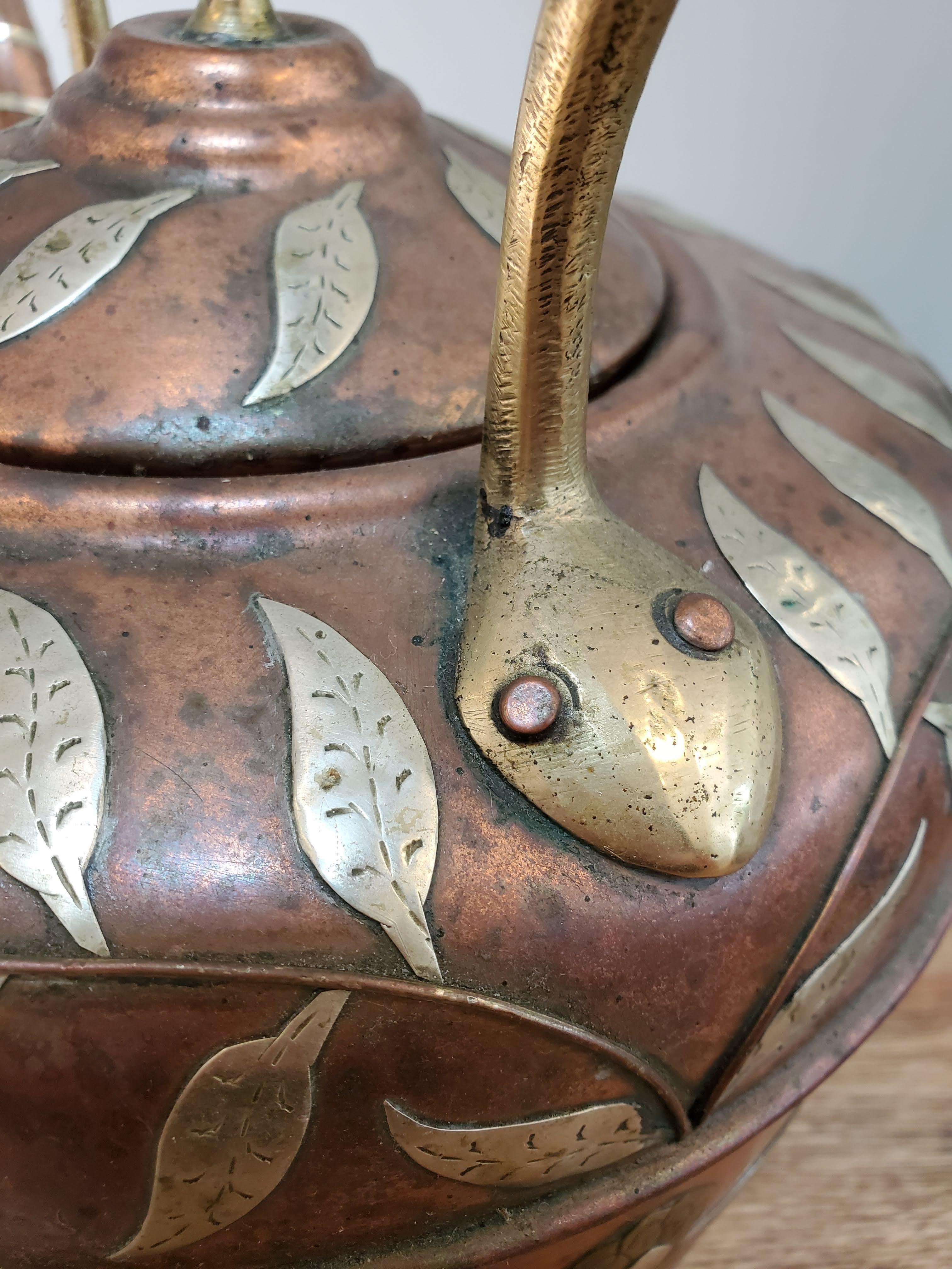 19th Century Copper Kettle with Brass & Silver Floral Decoration 8