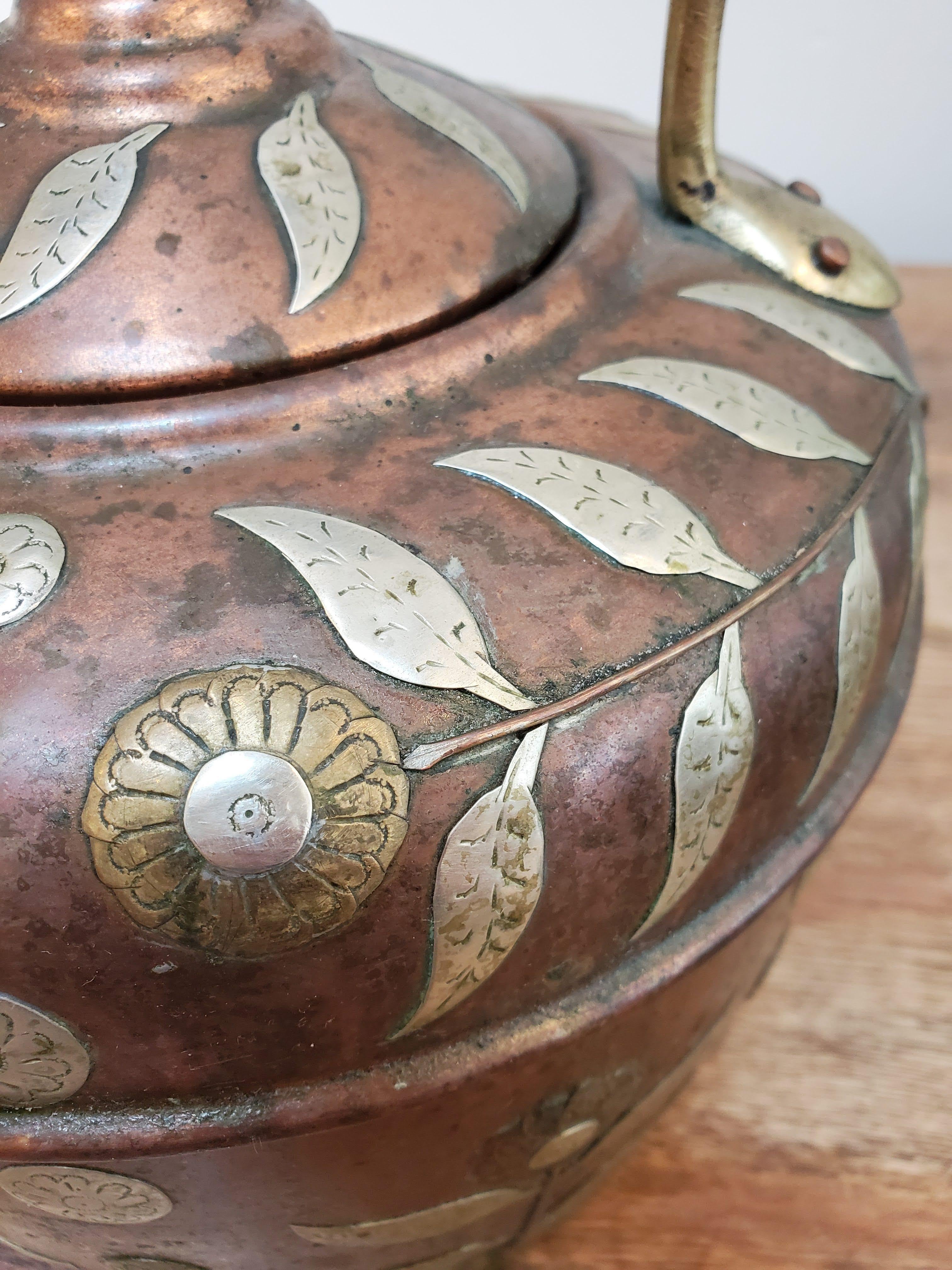 19th Century Copper Kettle with Brass & Silver Floral Decoration 9