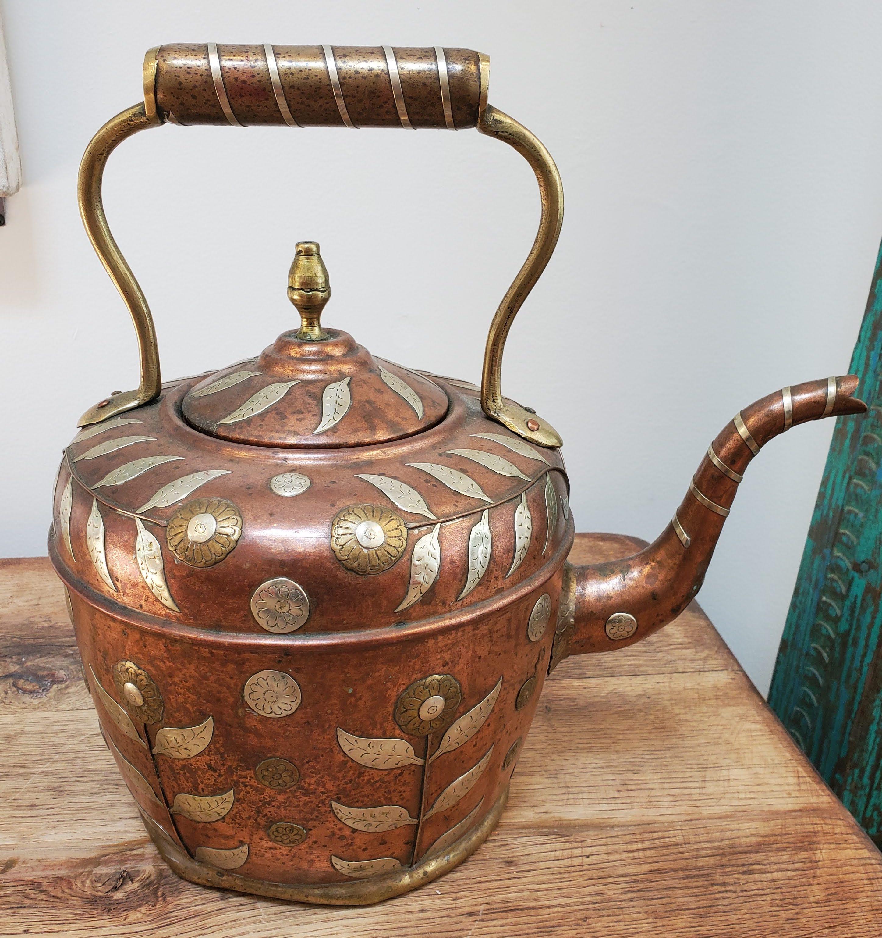 Indian 19th Century Copper Kettle with Brass & Silver Floral Decoration