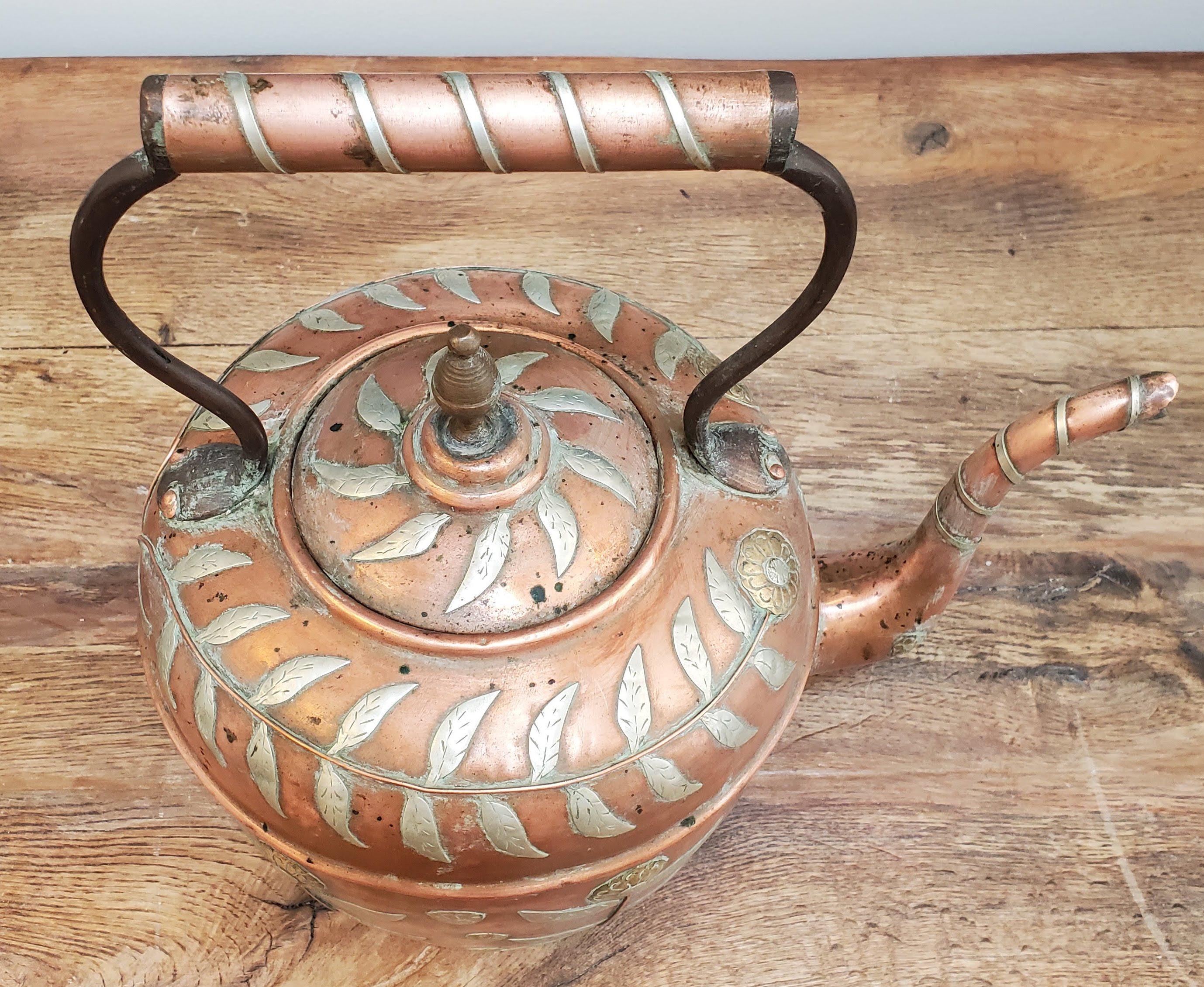 Indian 19th Century Copper Kettle with Brass & Silver Floral Decoration