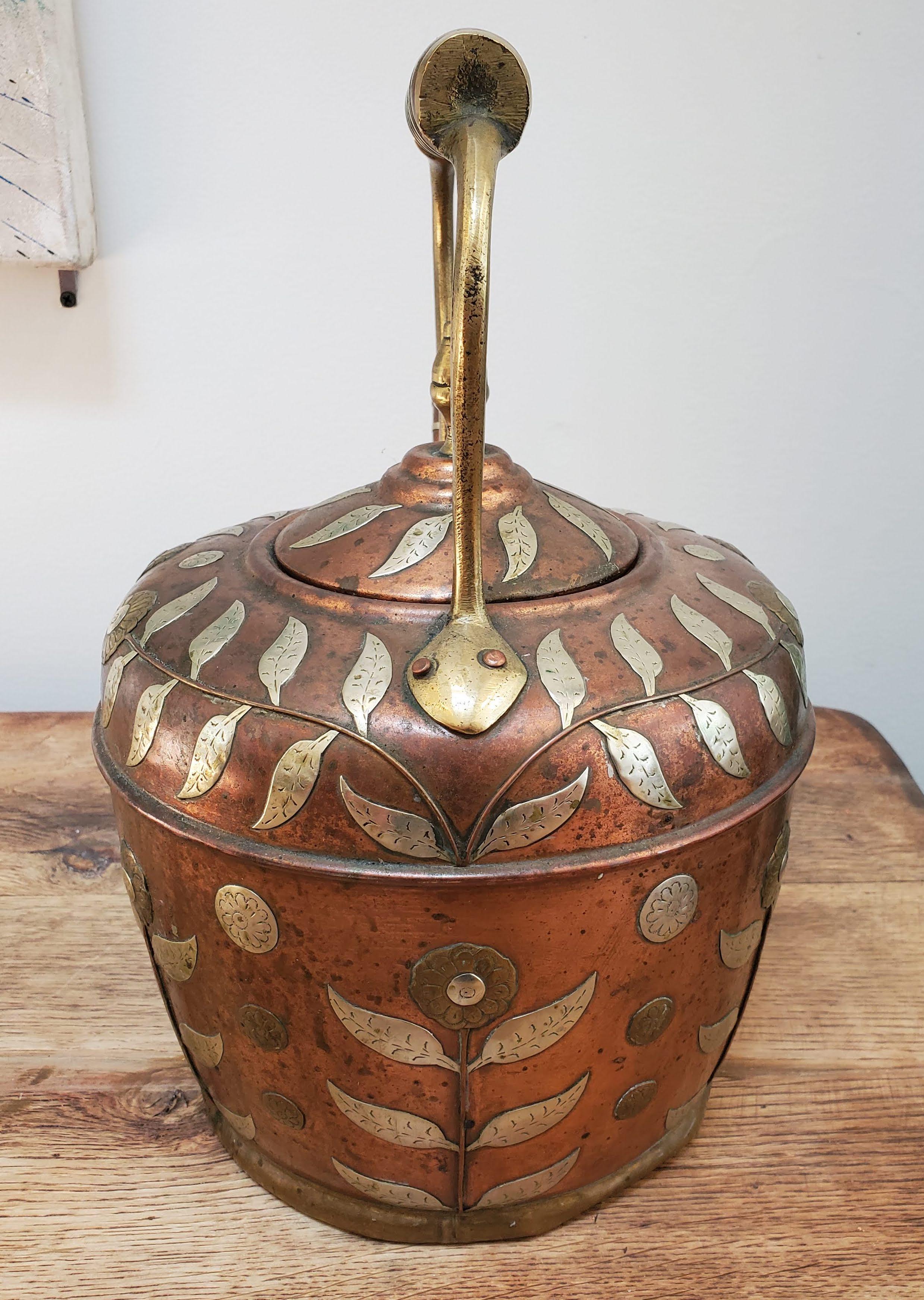 19th Century Copper Kettle with Brass & Silver Floral Decoration In Good Condition In Middleburg, VA