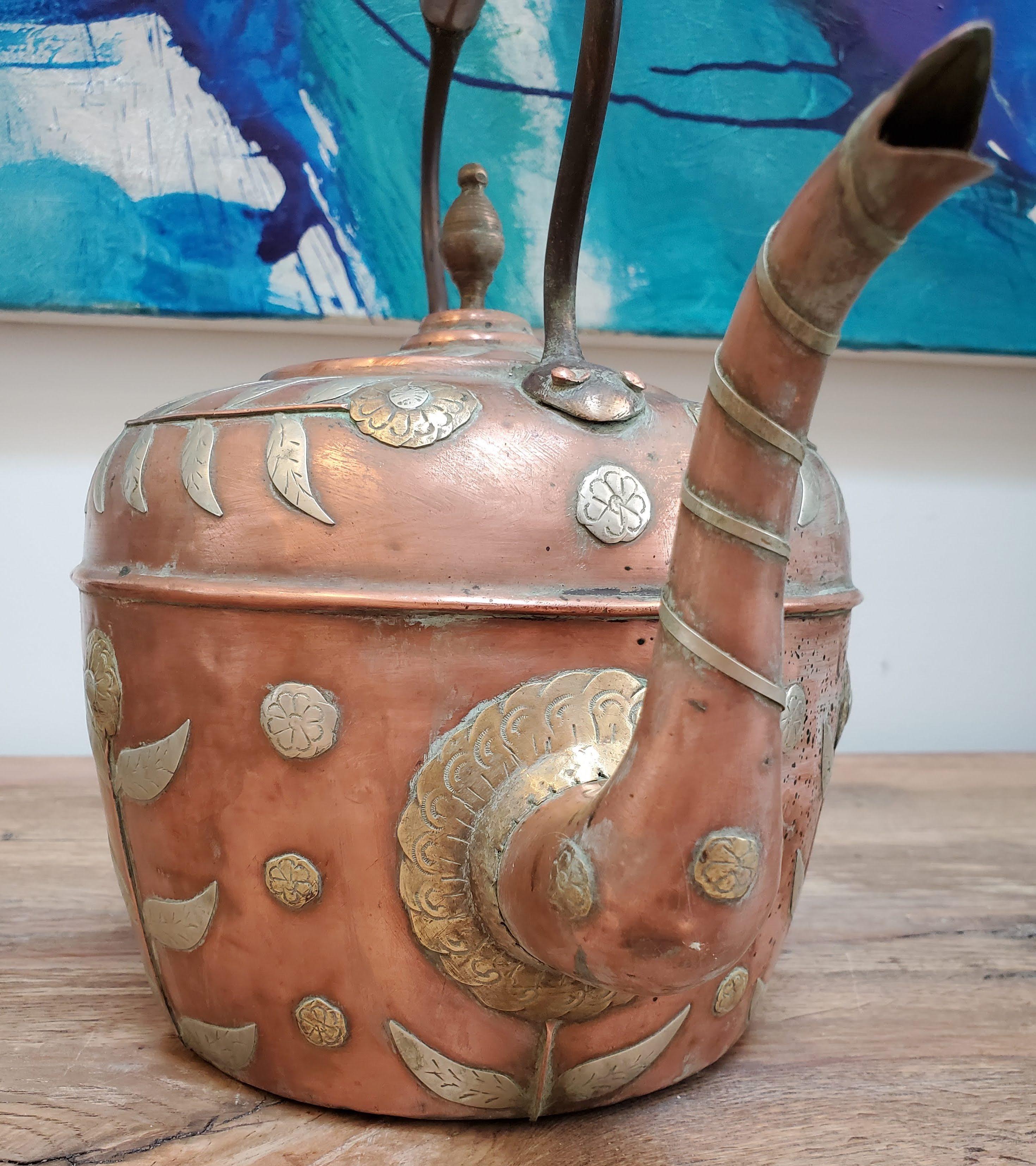 19th Century Copper Kettle with Brass & Silver Floral Decoration In Good Condition In Middleburg, VA