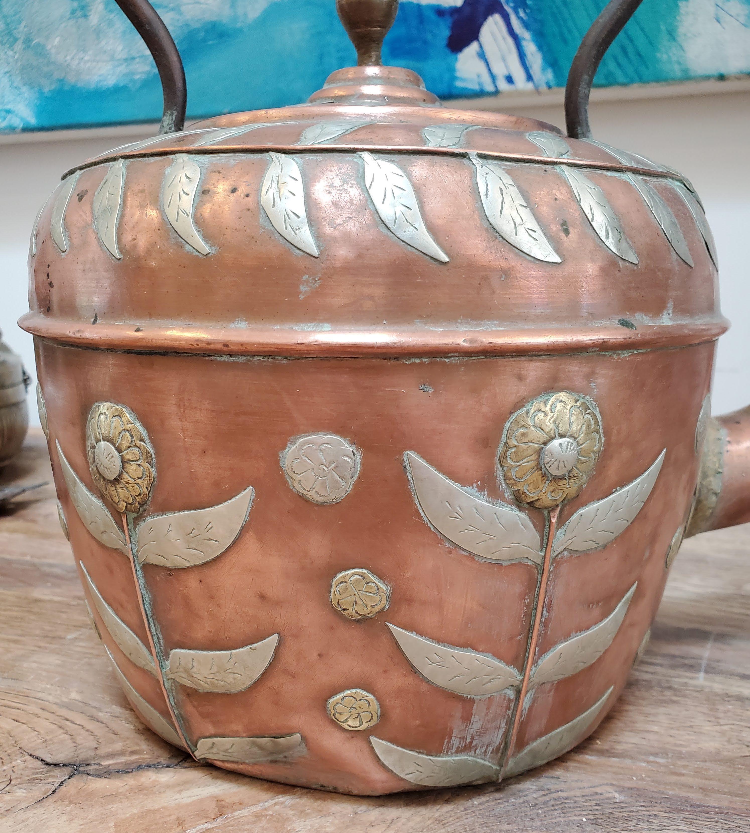 19th Century Copper Kettle with Brass & Silver Floral Decoration 1