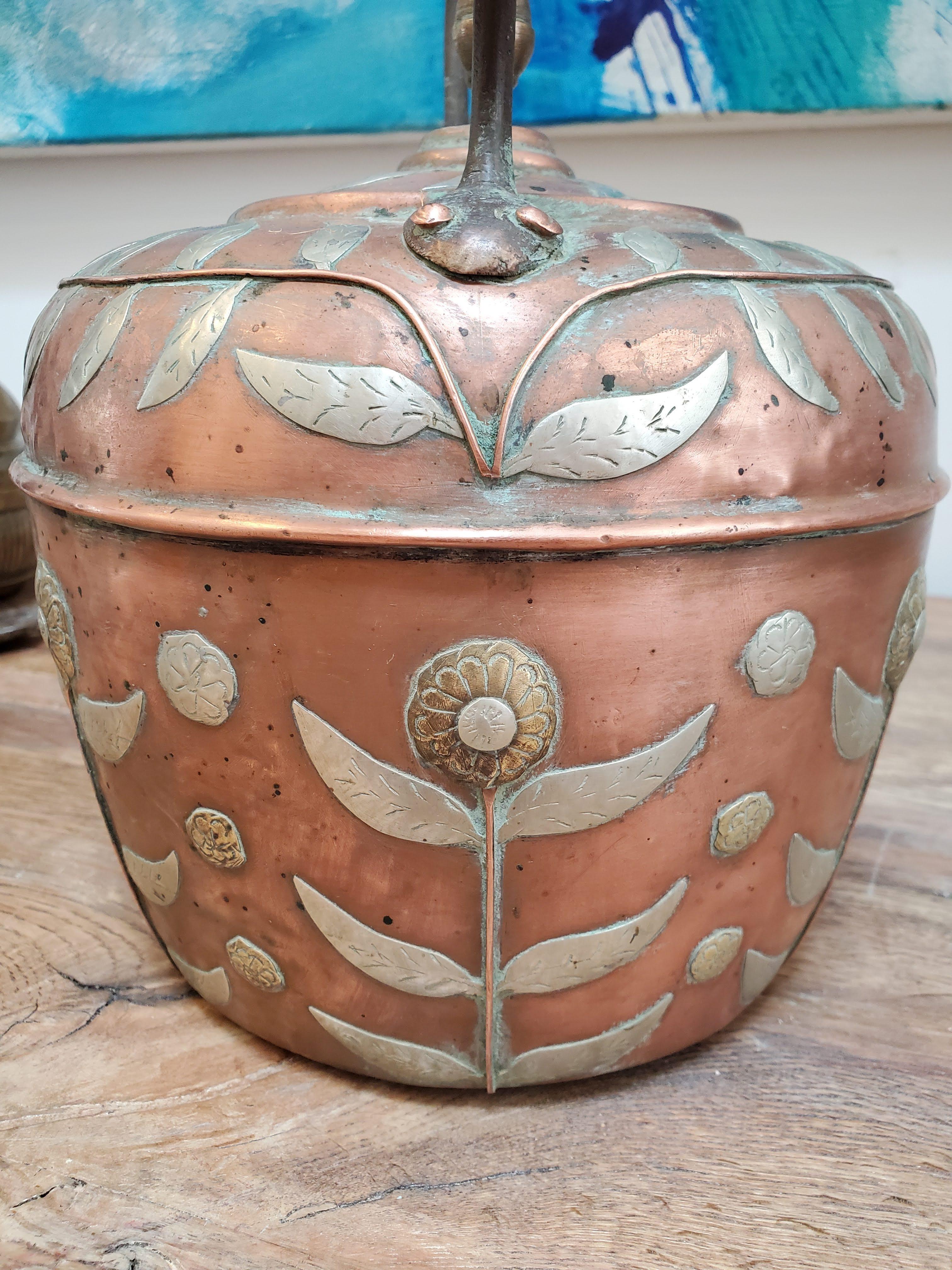 19th Century Copper Kettle with Brass & Silver Floral Decoration 2