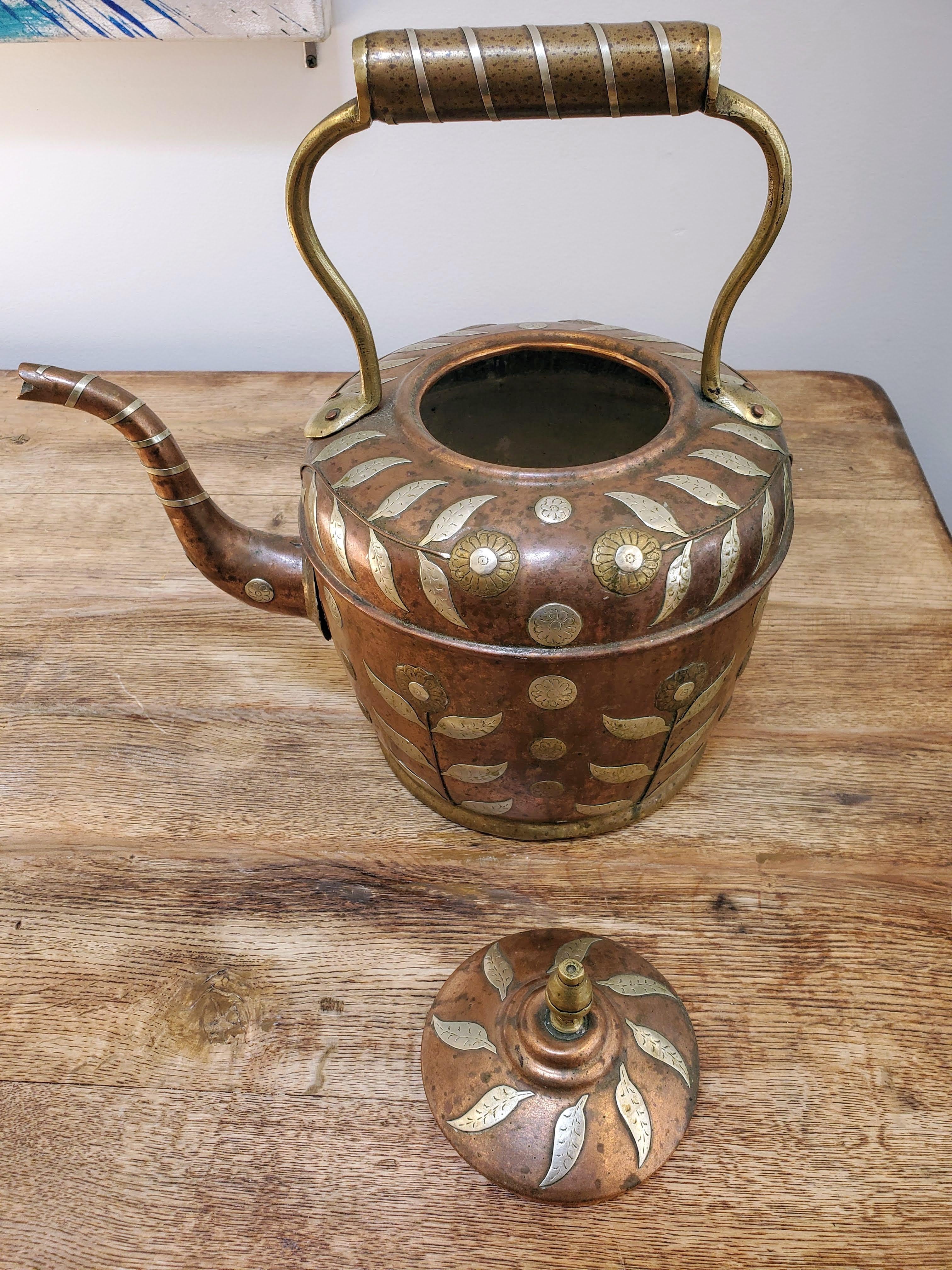 19th Century Copper Kettle with Brass & Silver Floral Decoration 3