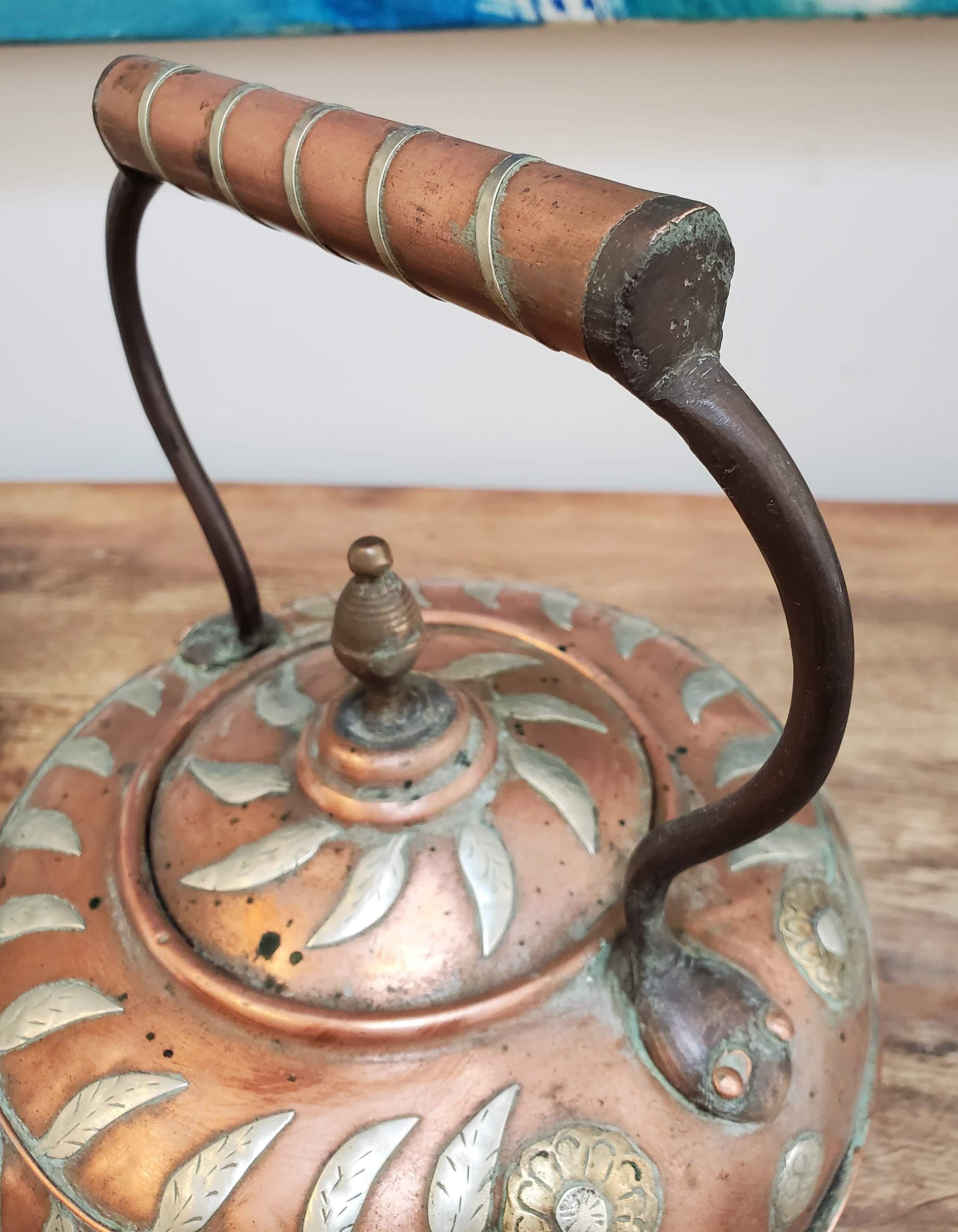 19th Century Copper Kettle with Brass & Silver Floral Decoration 3