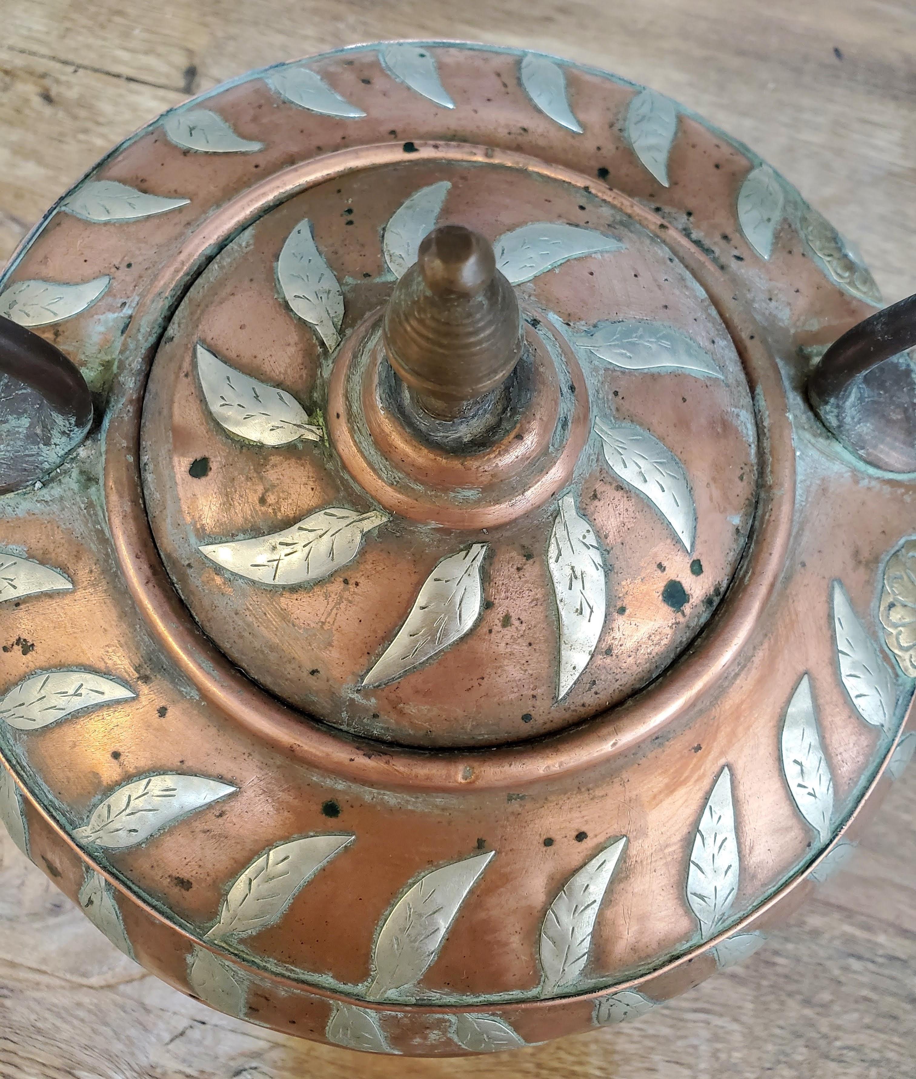 19th Century Copper Kettle with Brass & Silver Floral Decoration 4