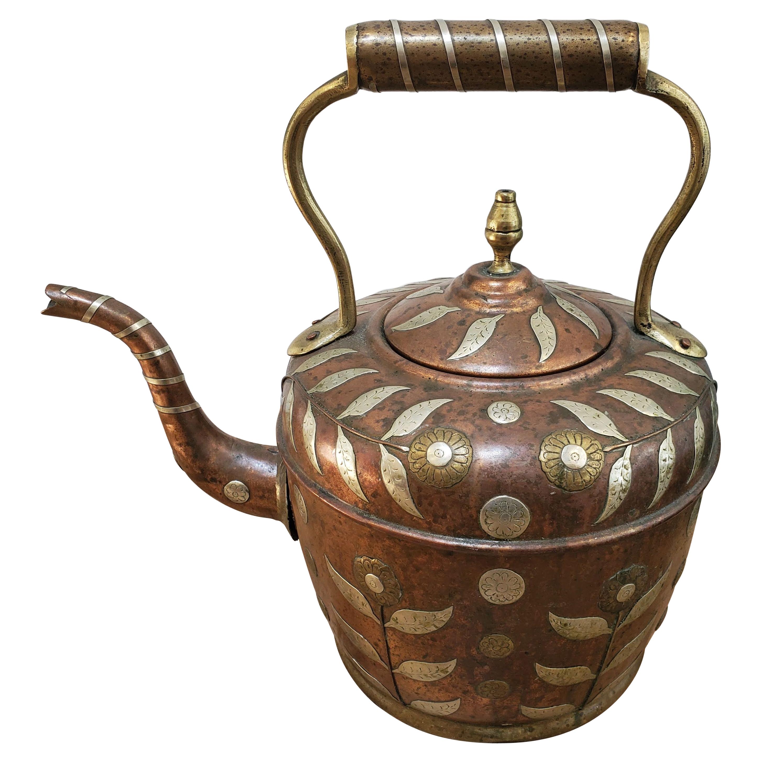 19th Century Copper Kettle with Brass & Silver Floral Decoration