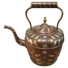 19th Century Copper Kettle with Brass & Silver Floral Decoration