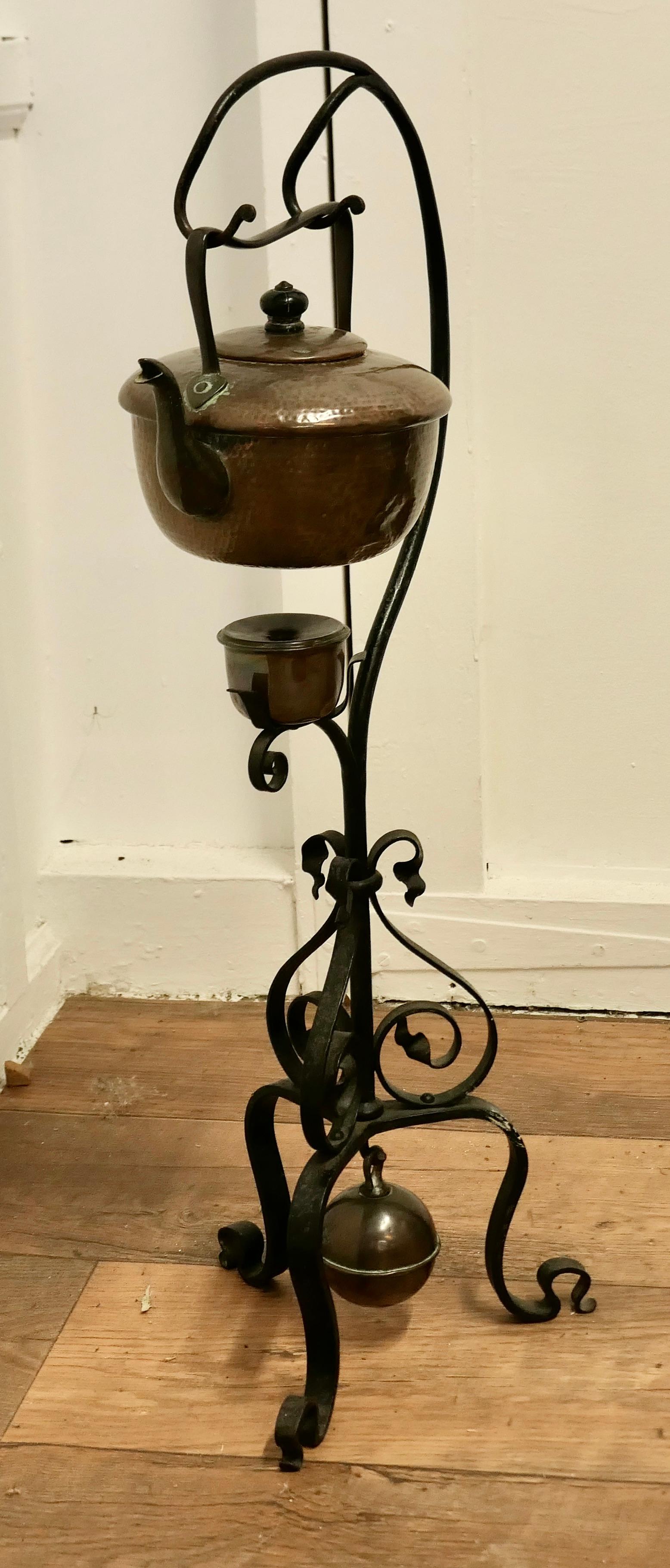 Late 19th Century 19th Century Copper Swinging Sprit Kettle on a Wrought Iron Stand For Sale