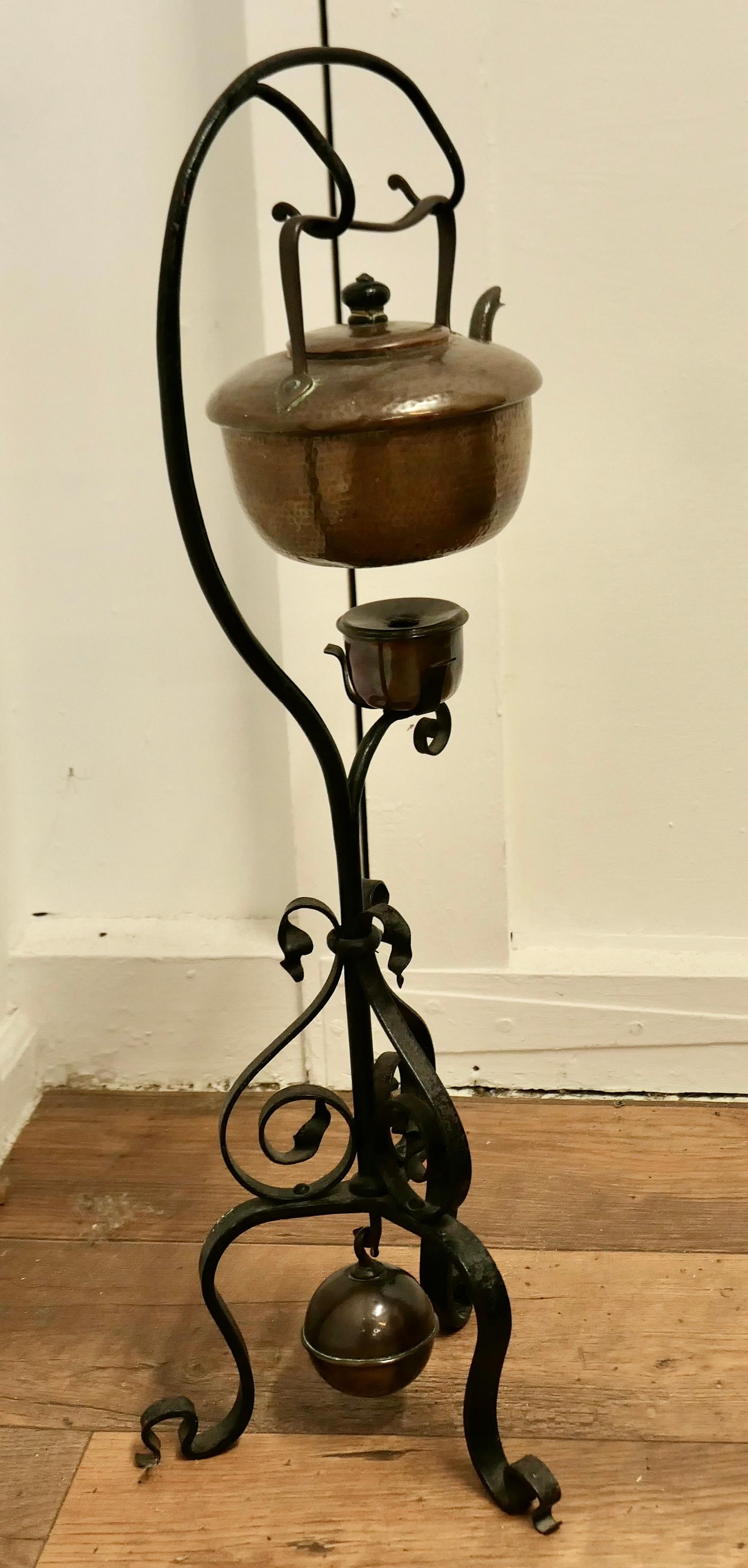 19th Century Copper Swinging Sprit Kettle on a Wrought Iron Stand For Sale 1
