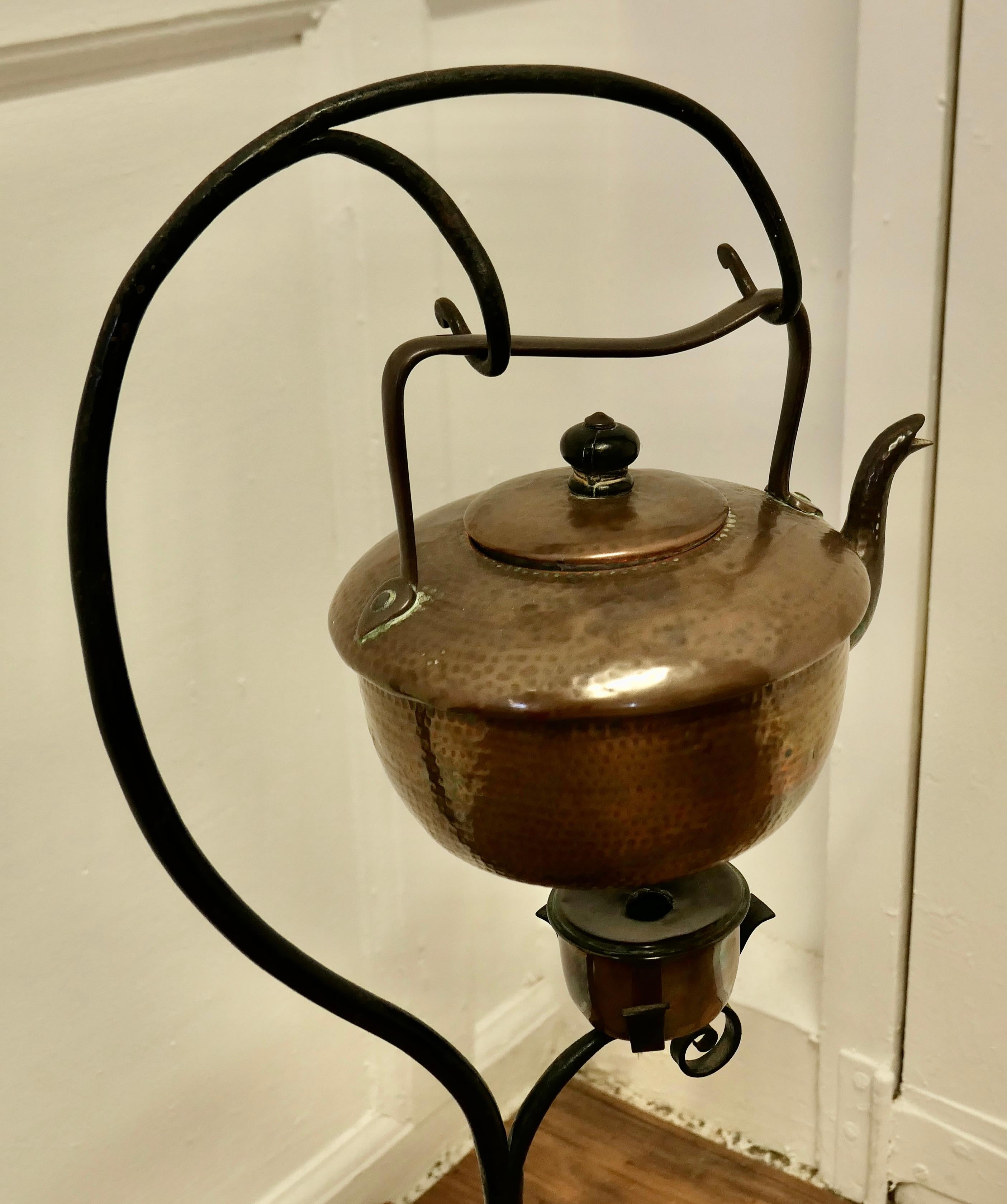 19th Century Copper Swinging Sprit Kettle on a Wrought Iron Stand For Sale 2