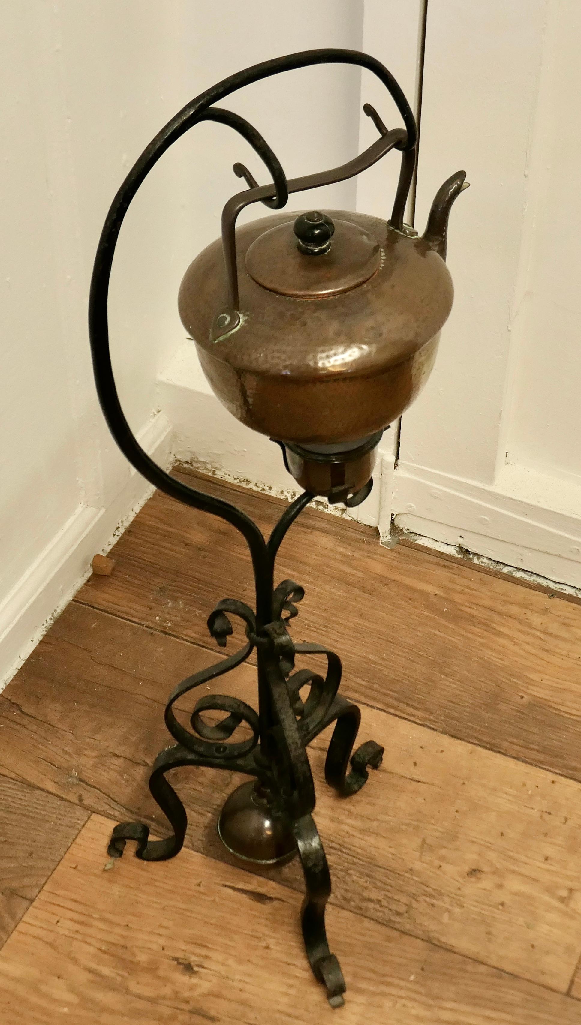 19th Century Copper Swinging Sprit Kettle on a Wrought Iron Stand For Sale 3